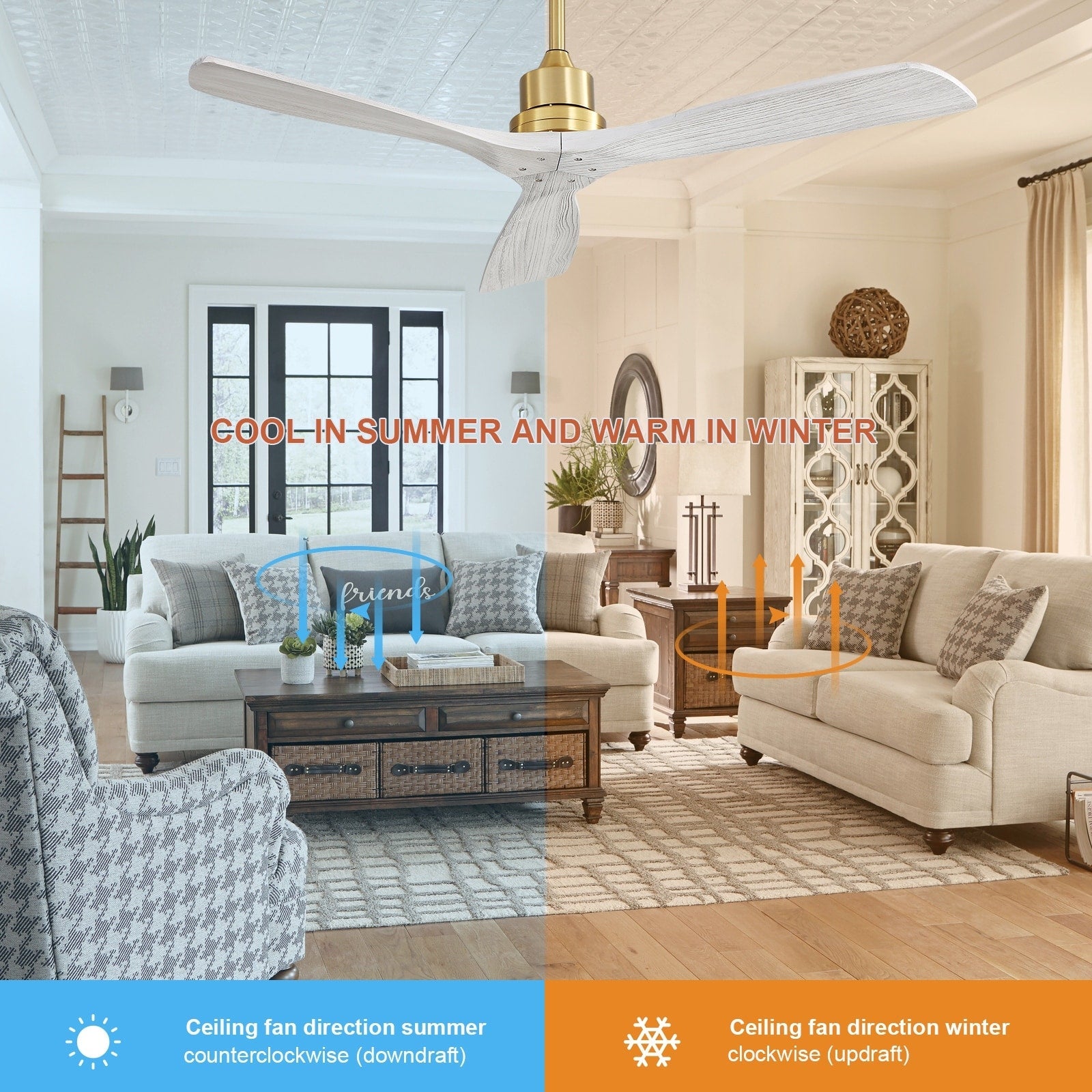 Ventilateur de plafond moderne en bois massif/ABS de 52 pouces avec télécommande (sans lumière), 6 vitesses de vent, flux d'air réversible