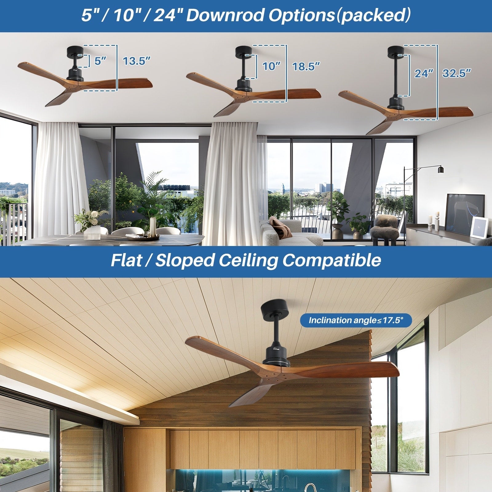 Ventilateur de plafond moderne en bois massif/ABS de 52 pouces avec télécommande (sans lumière), 6 vitesses de vent, flux d'air réversible