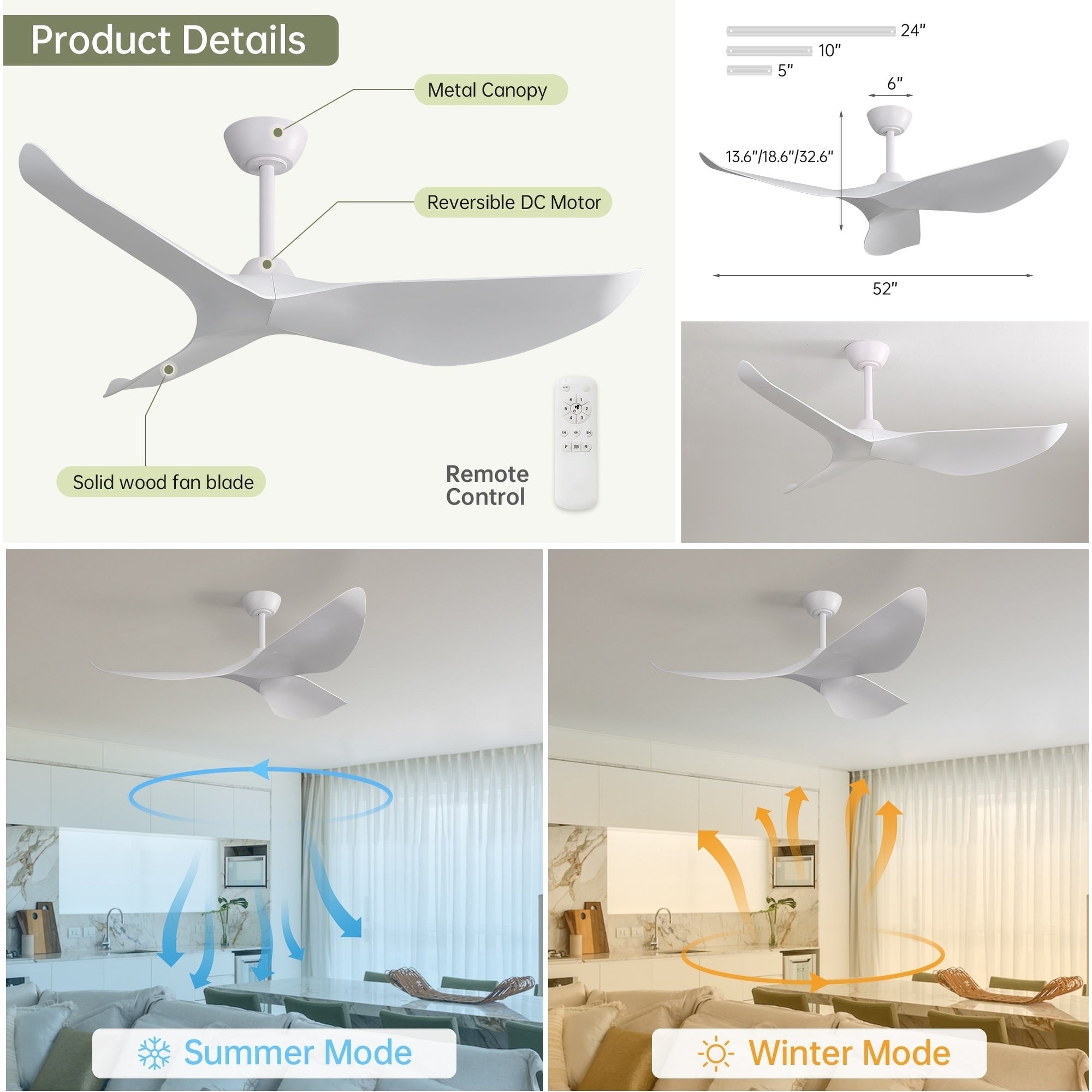 Ventilateur de plafond moderne en bois massif/ABS de 52 pouces avec télécommande (sans lumière), 6 vitesses de vent, flux d'air réversible