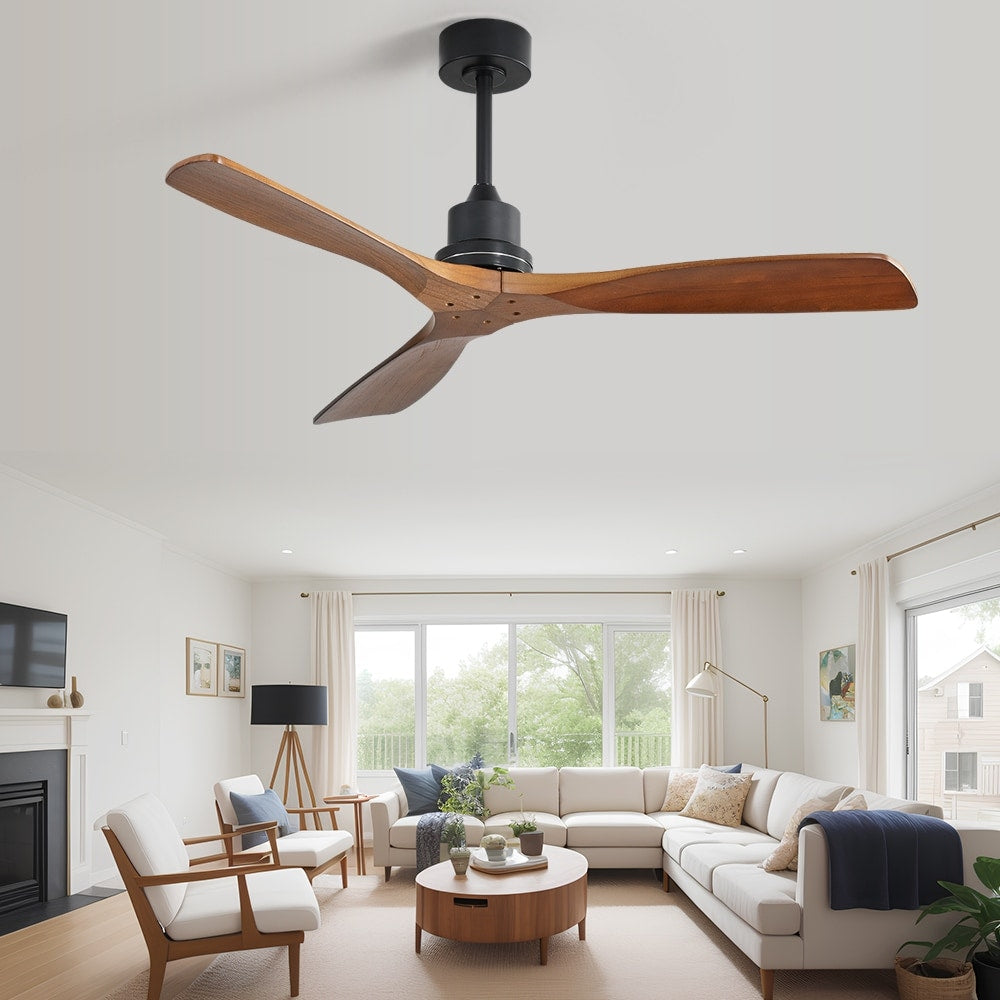 Ventilateur de plafond moderne en bois massif/ABS de 52 pouces avec télécommande (sans lumière), 6 vitesses de vent, flux d'air réversible