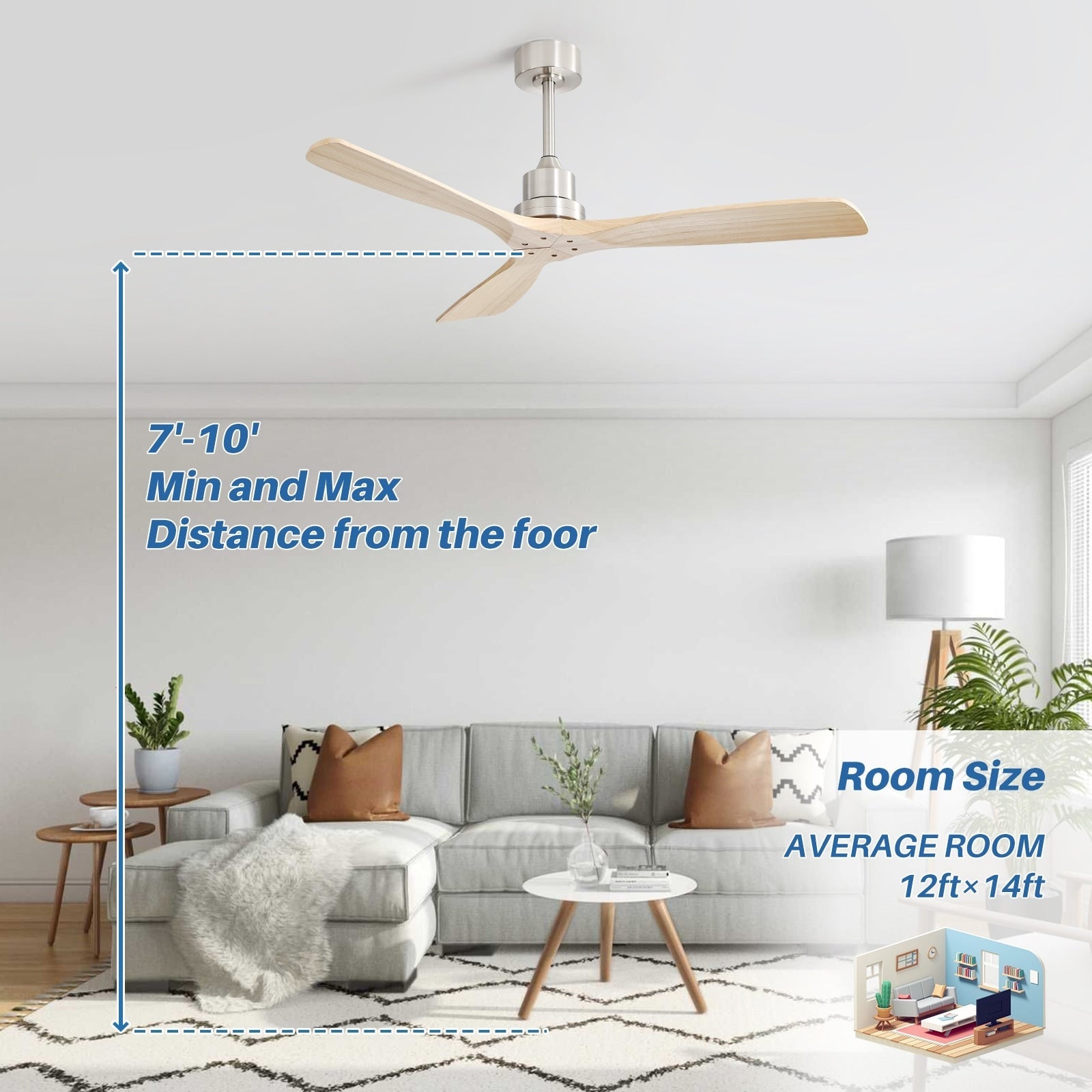 Ventilateur de plafond moderne en bois massif/ABS de 52 pouces avec télécommande (sans lumière), 6 vitesses de vent, flux d'air réversible