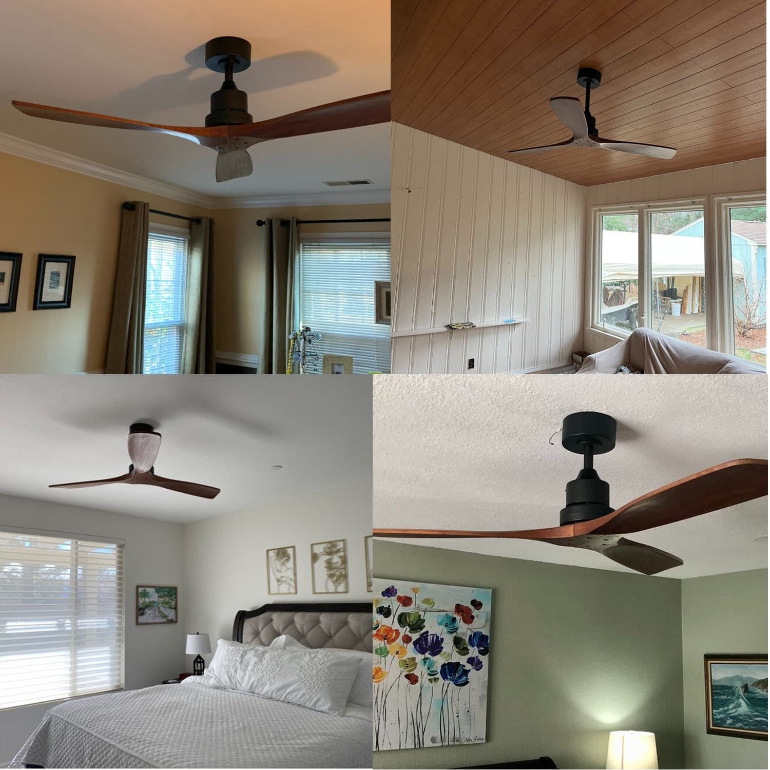 Ventilateur de plafond moderne en bois massif/ABS de 52 pouces avec télécommande (sans lumière), 6 vitesses de vent, flux d'air réversible