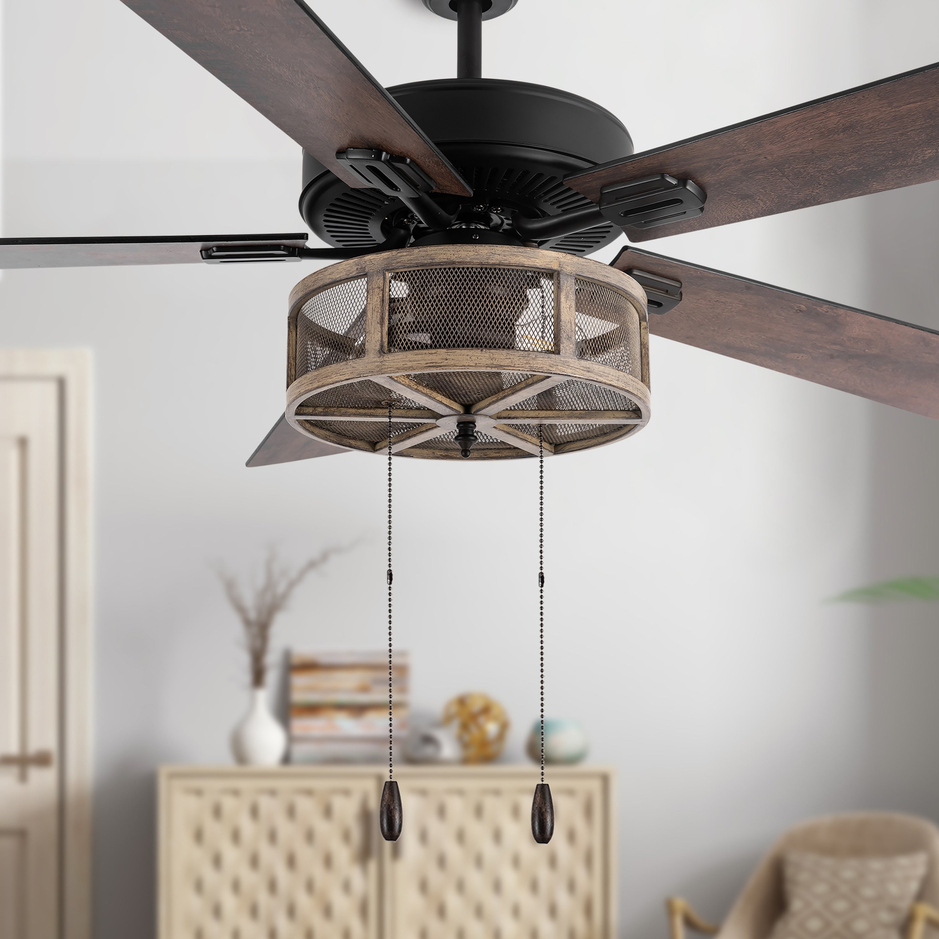 Ventilateur de plafond LED de style ferme en métal brossé Carbon Loft 52