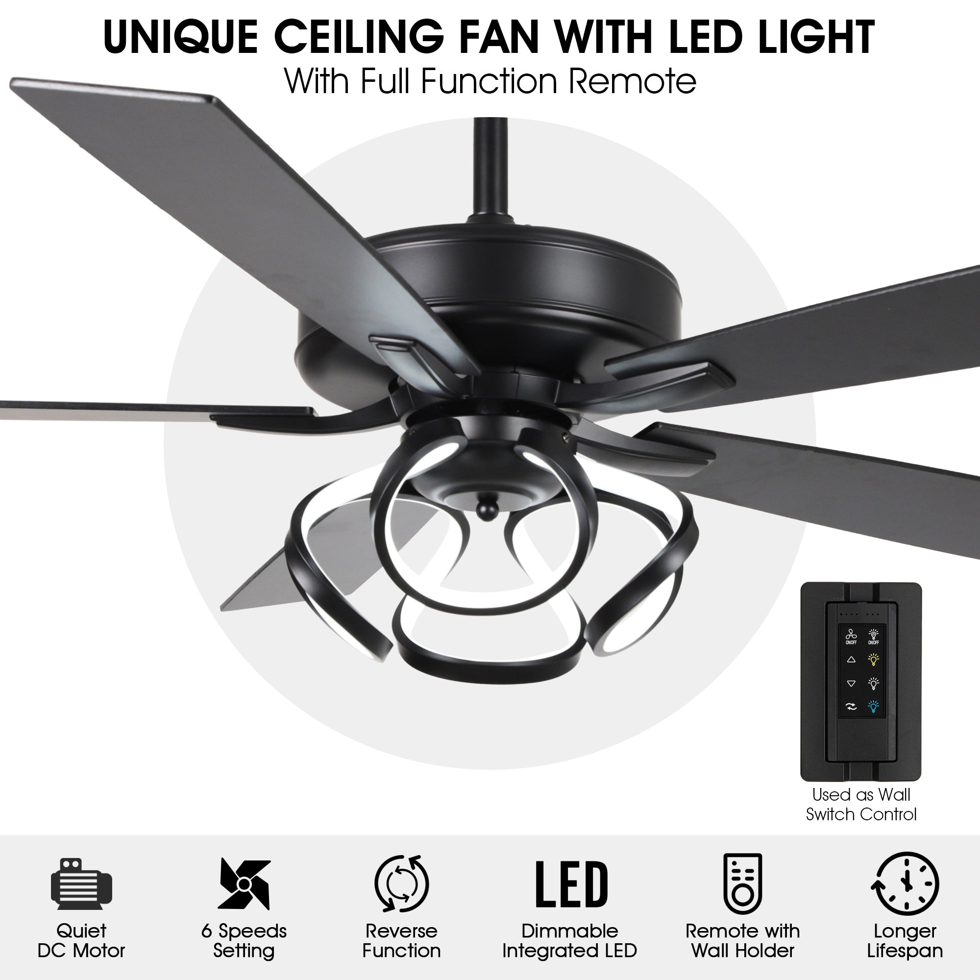 Ventilateur de plafond LED d'intérieur moderne chromé/noir à intensité variable avec lumière et télécommande