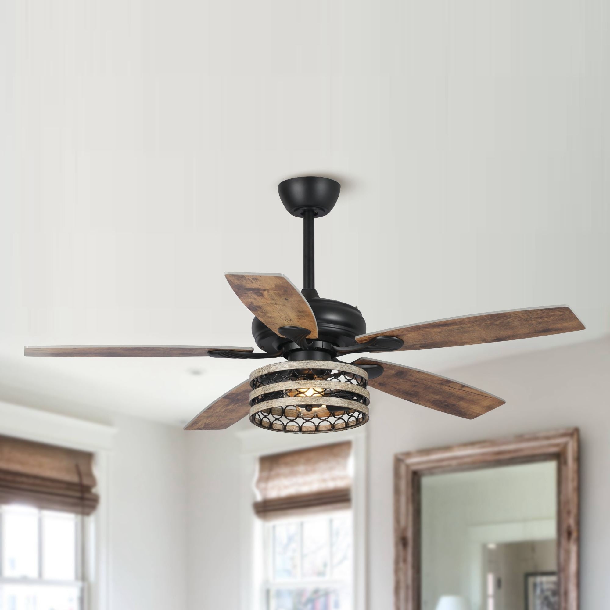 Ventilateur de plafond cage noir à 5 pales Farmhouse Driftwood avec télécommande