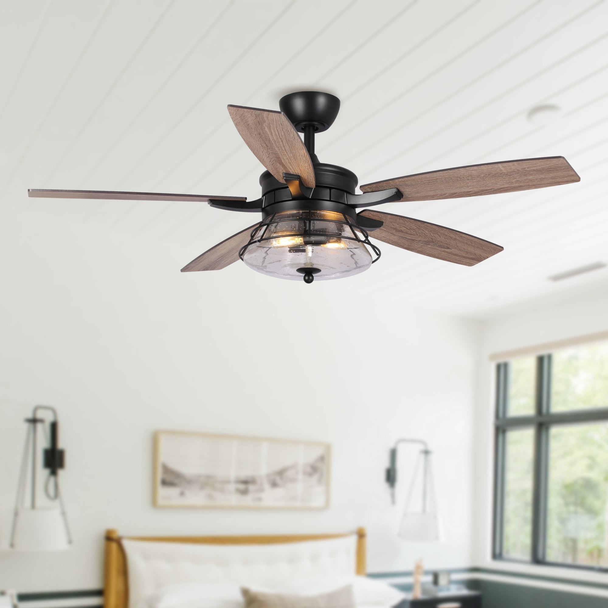 Ventilateur de plafond décoratif industriel en verre grainé noir de 52 pouces avec télécommande et kit d'éclairage