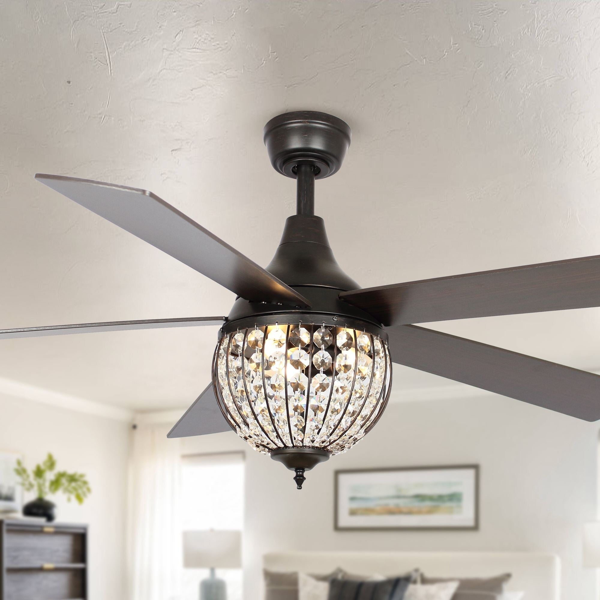 Ventilateur de plafond industriel en bois noir à 5 pales et cristal avec télécommande