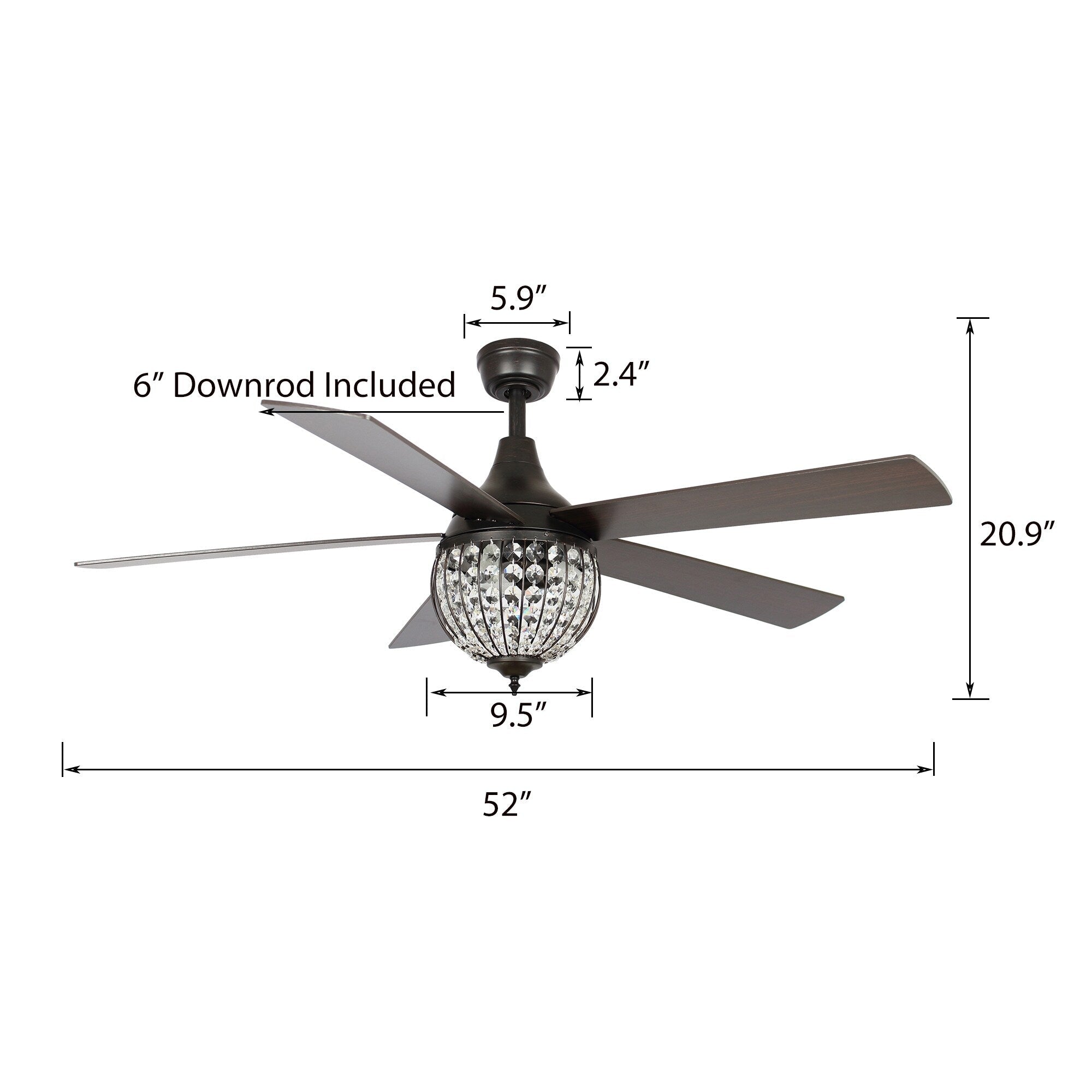 Ventilateur de plafond industriel en bois noir à 5 pales et cristal avec télécommande