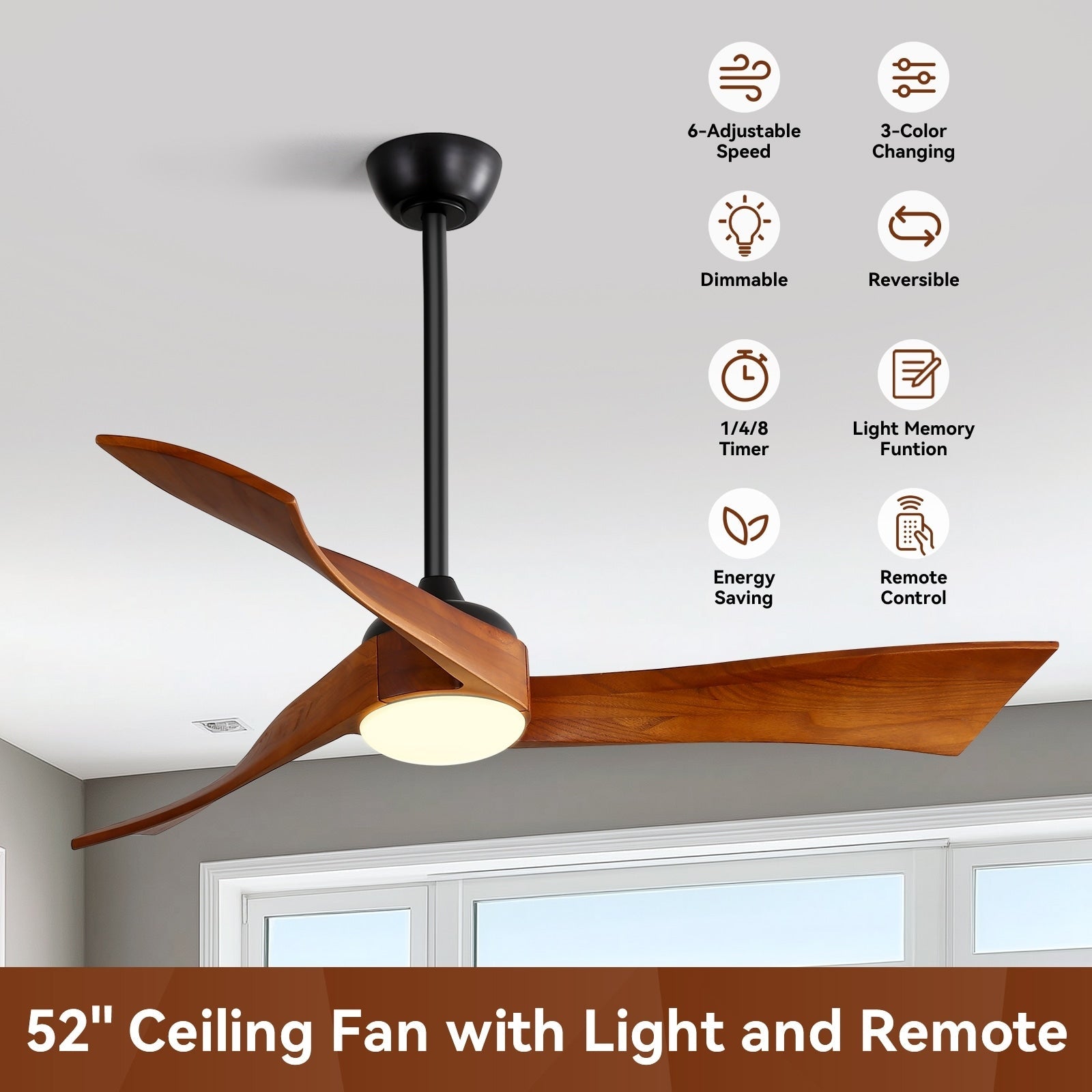 Ventilateurs de plafond à 3 pales en bois de 52 pouces avec éclairage LED à intensité variable et télécommande, moteur CC réversible à 6 vitesses