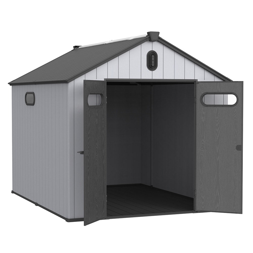 Abri de rangement extérieur en plastique et résine toutes saisons de 6 pi x 4 pi/6 pi x 8 pi/8 pi x 6 pi/8 pi x 10 pi avec plancher, abri à outils Spire