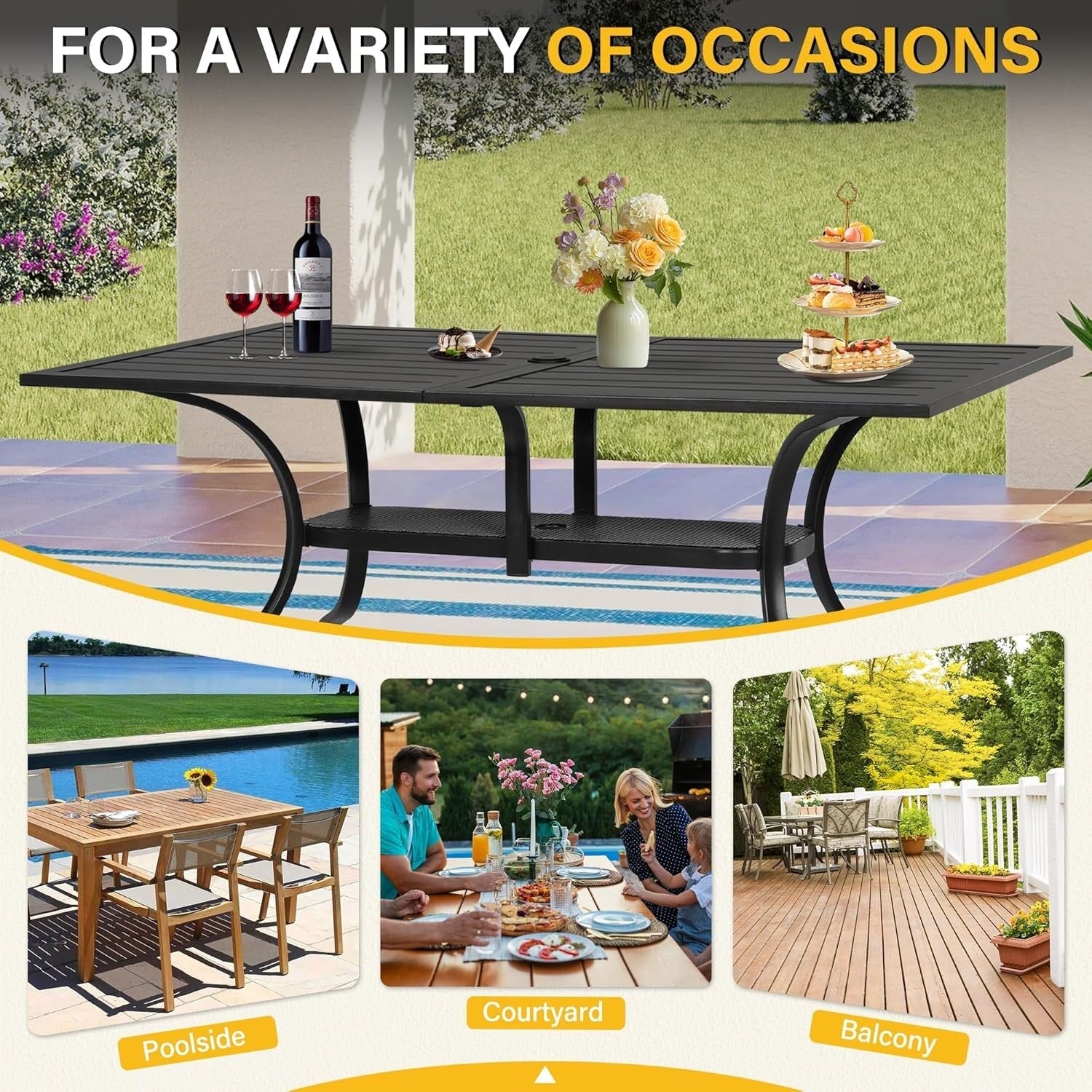 Table à manger rectangulaire en métal pour patio extérieur 60 x 37 avec trou pour parasol pour 6 personnes