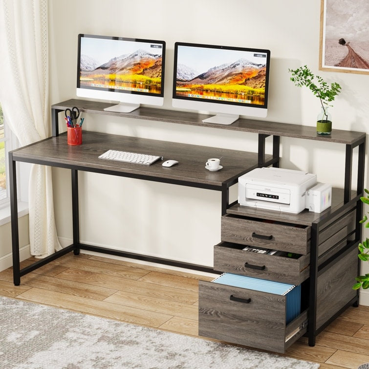 Bureau d'ordinateur 63 avec support d'écran, bureaux ergonomiques pour la maison avec tiroirs et classeur