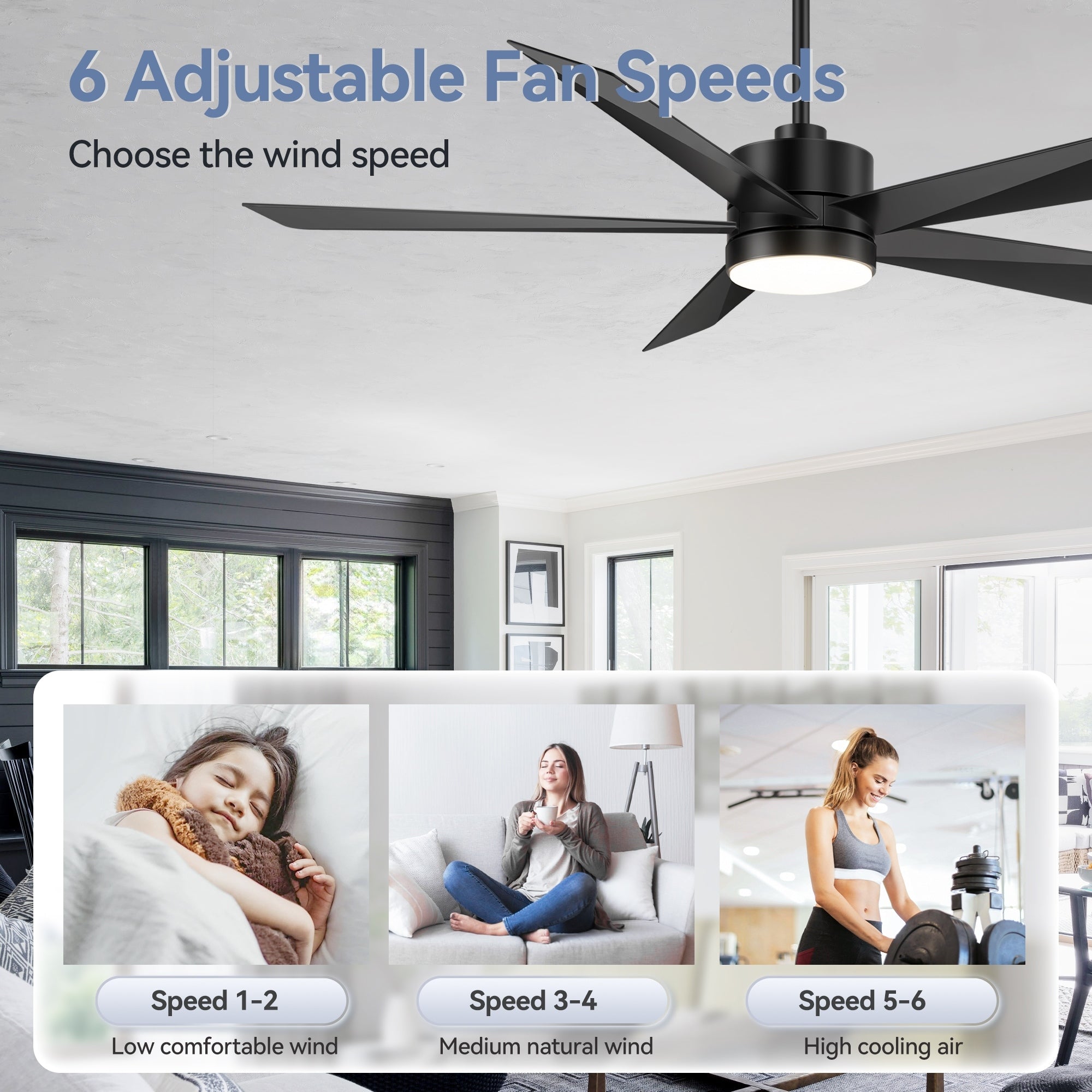 Ventilateur de plafond LED Breezary 65/52/42 à 5 pales avec kit d'éclairage et télécommande
