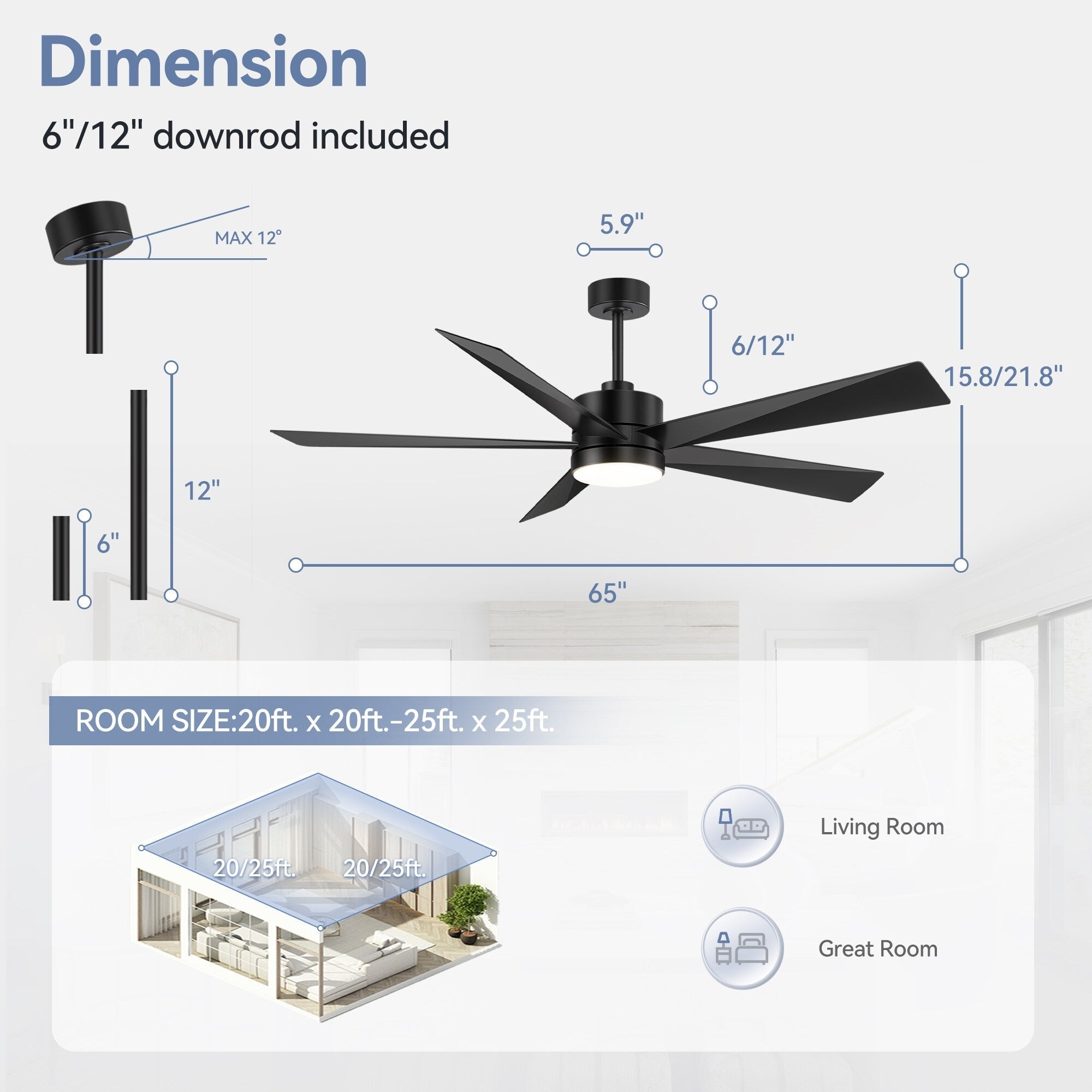 Ventilateur de plafond LED Breezary 65/52/42 à 5 pales avec kit d'éclairage et télécommande