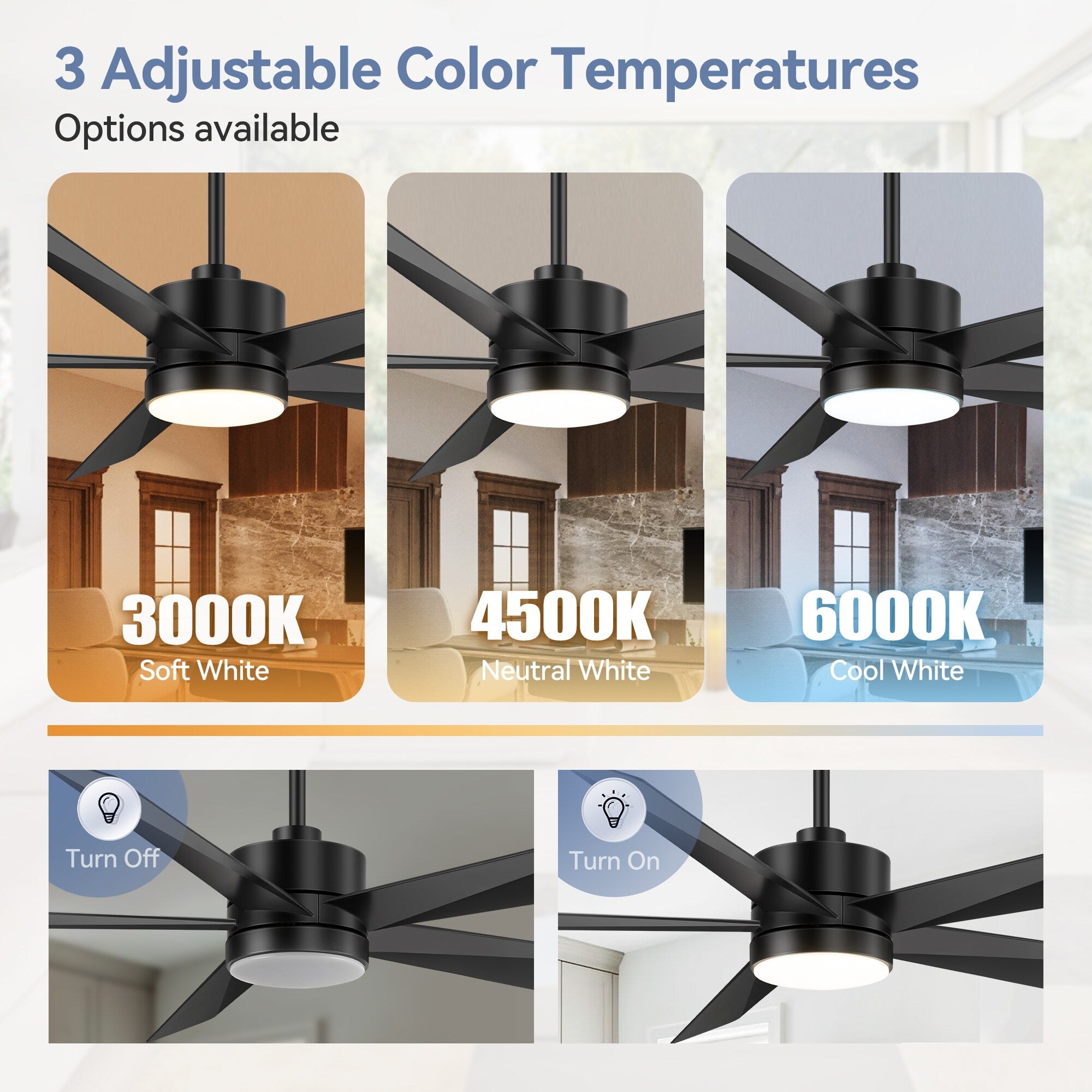 Ventilateur de plafond LED Breezary 65/52/42 à 5 pales avec kit d'éclairage et télécommande