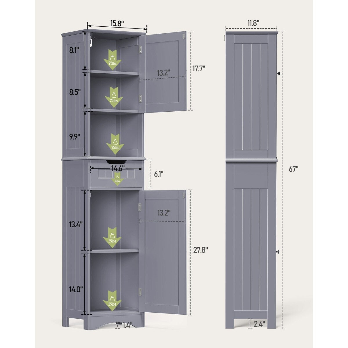 Armoire à linge étroite de salle de bain de 67 po de hauteur, meuble de rangement autoportant en bois massif à 5 niveaux