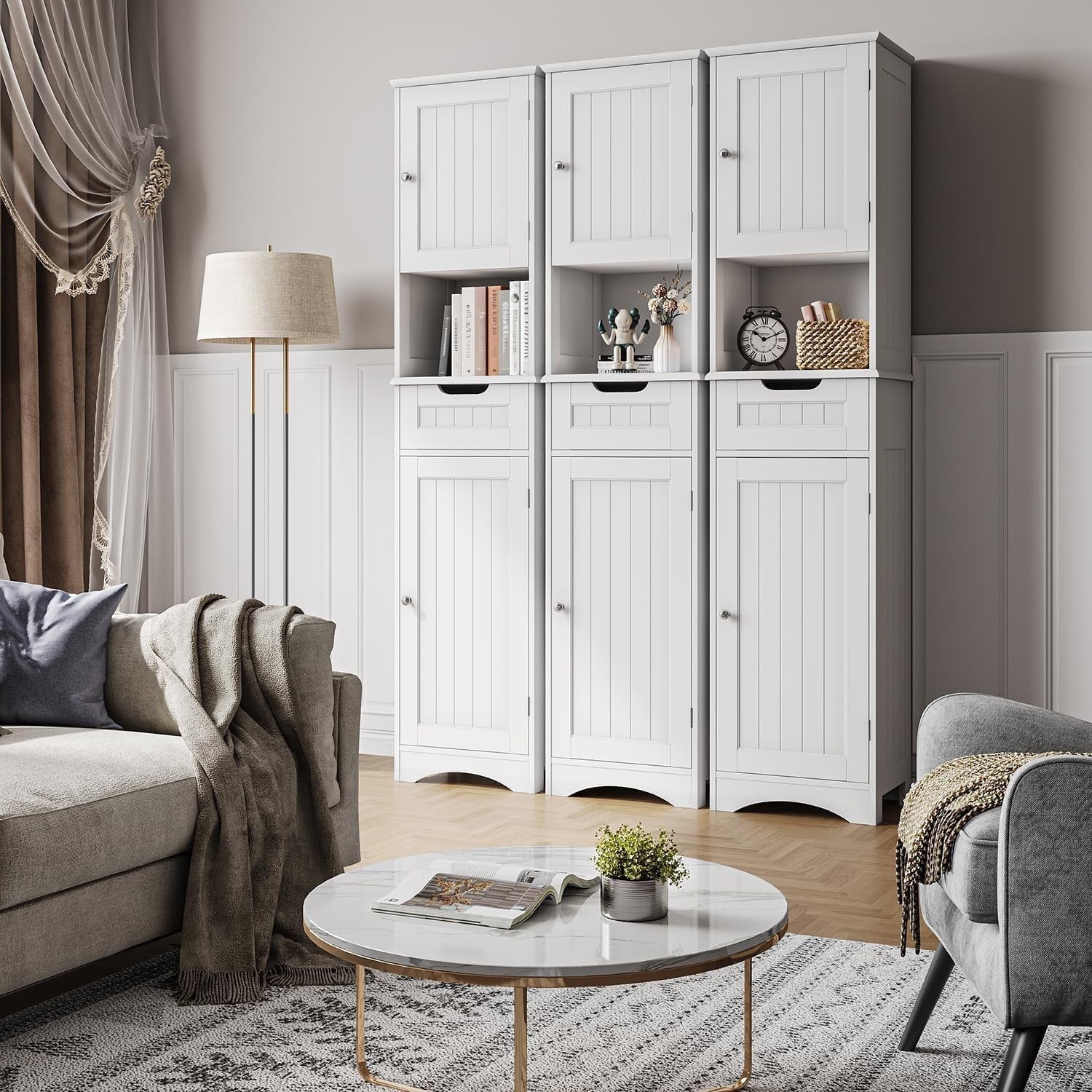 Armoire à linge étroite de salle de bain de 67 po de hauteur, meuble de rangement autoportant en bois massif à 5 niveaux
