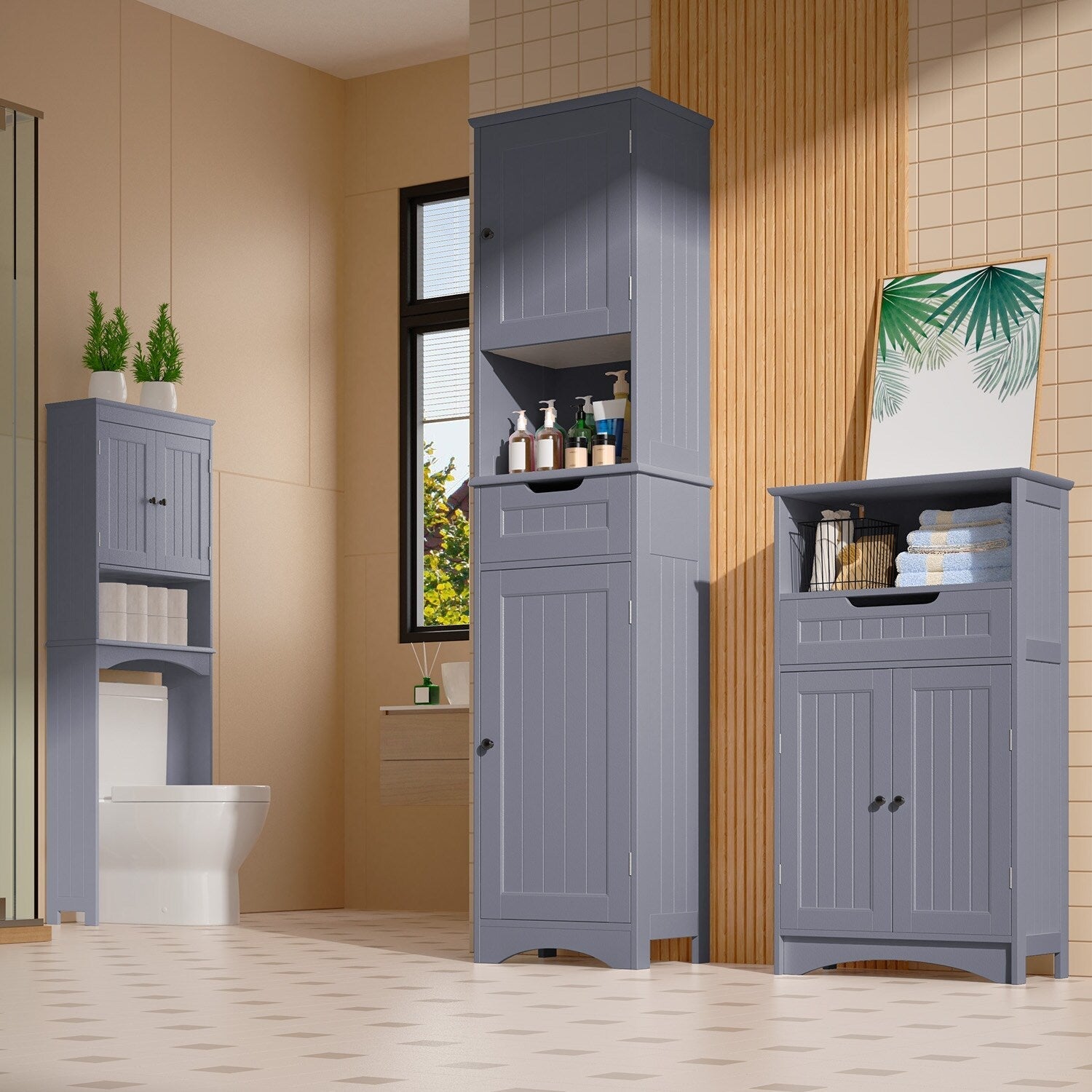 Armoire à linge étroite de salle de bain de 67 po de hauteur, meuble de rangement autoportant en bois massif à 5 niveaux
