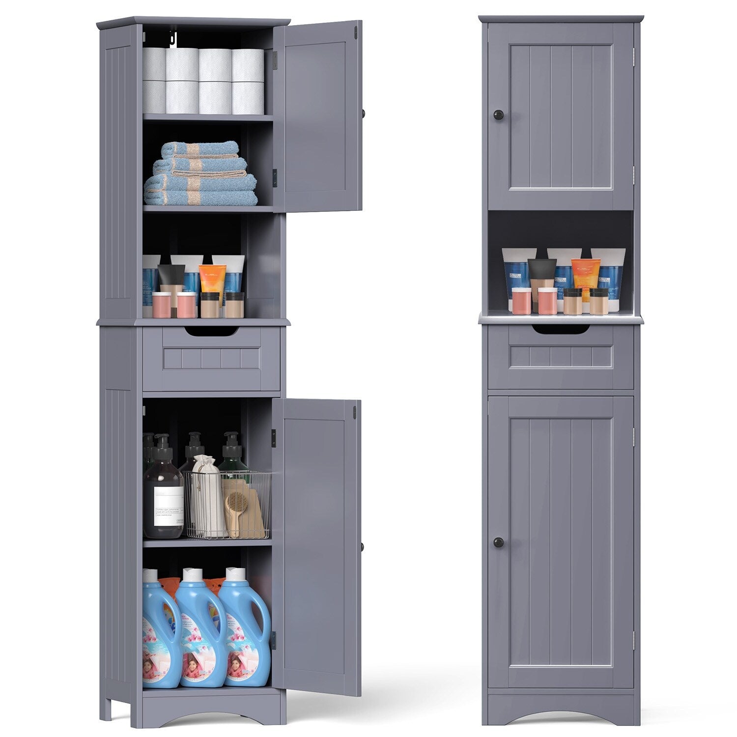 Armoire à linge étroite de salle de bain de 67 po de hauteur, meuble de rangement autoportant en bois massif à 5 niveaux