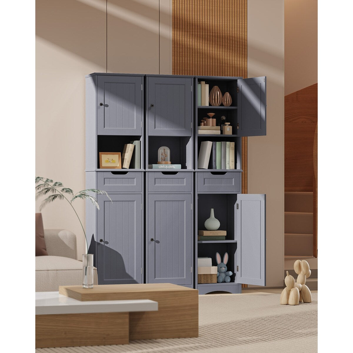 Armoire à linge étroite de salle de bain de 67 po de hauteur, meuble de rangement autoportant en bois massif à 5 niveaux