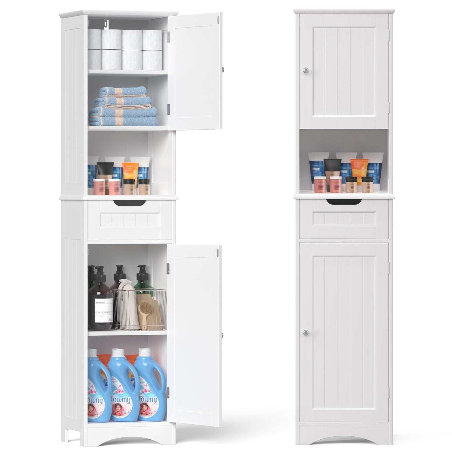 Armoire à linge étroite de salle de bain de 67 po de hauteur, meuble de rangement autoportant en bois massif à 5 niveaux