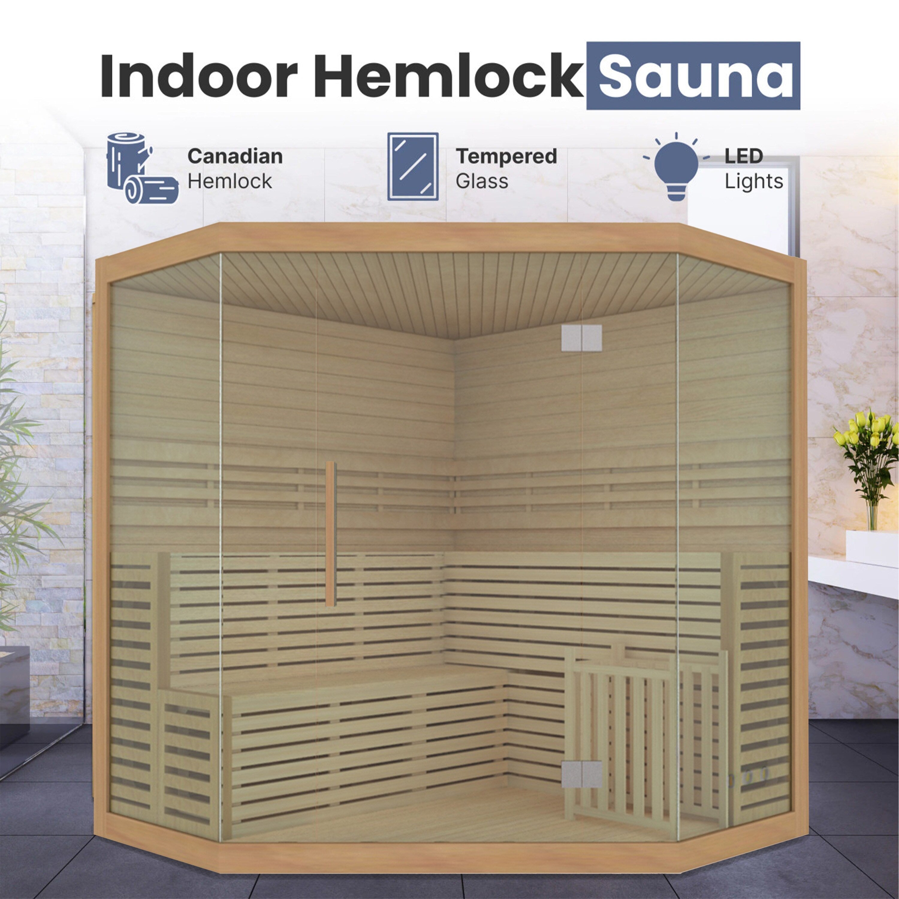 Sauna d'intérieur sec et humide en bois ALEKO pour 5 à 6 personnes avec chauffage électrique - 75 x 75 x 83 pouces