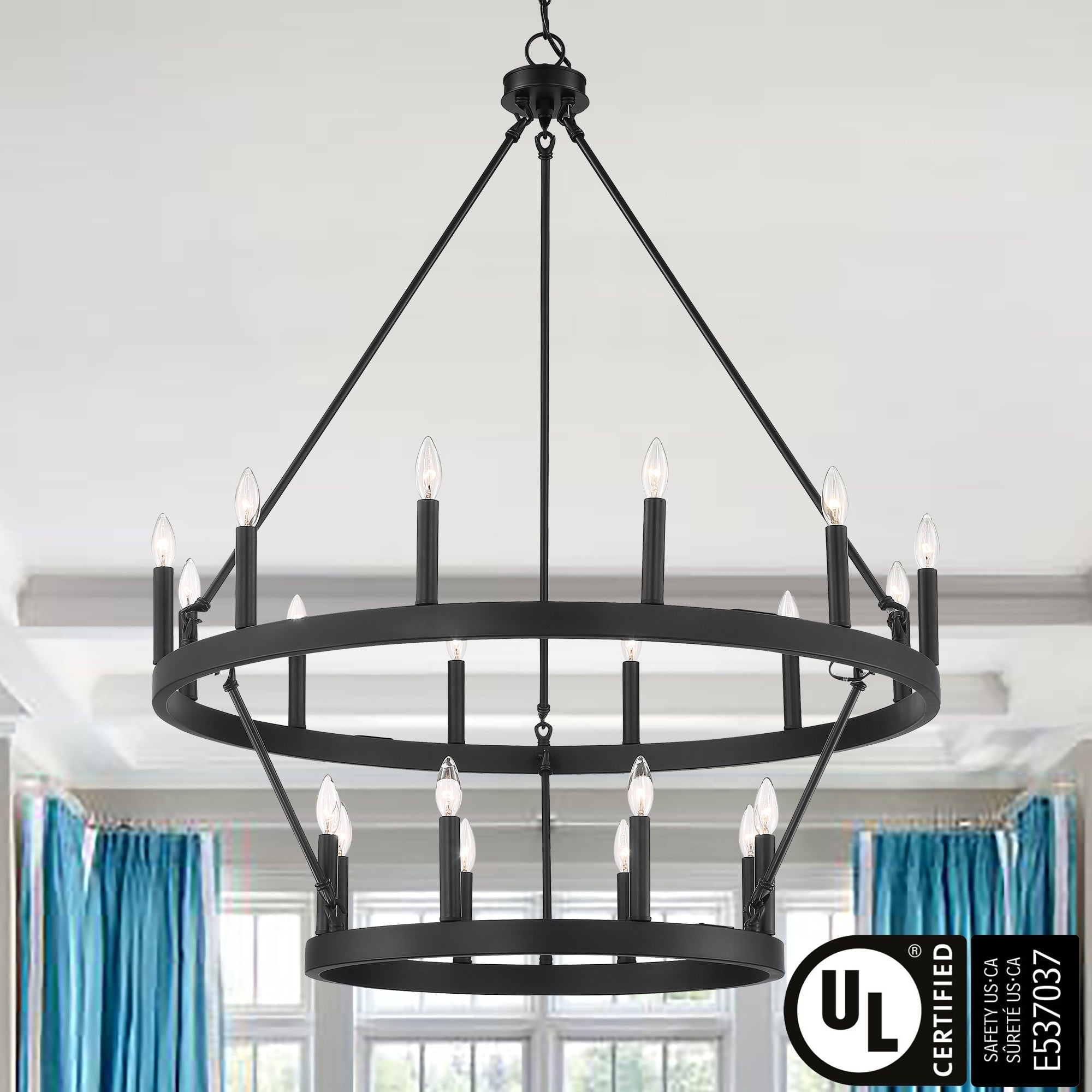 Lustre rond en forme de roue de chariot de style ferme moderne Acroma à 20 lumières de 40 po avec UL