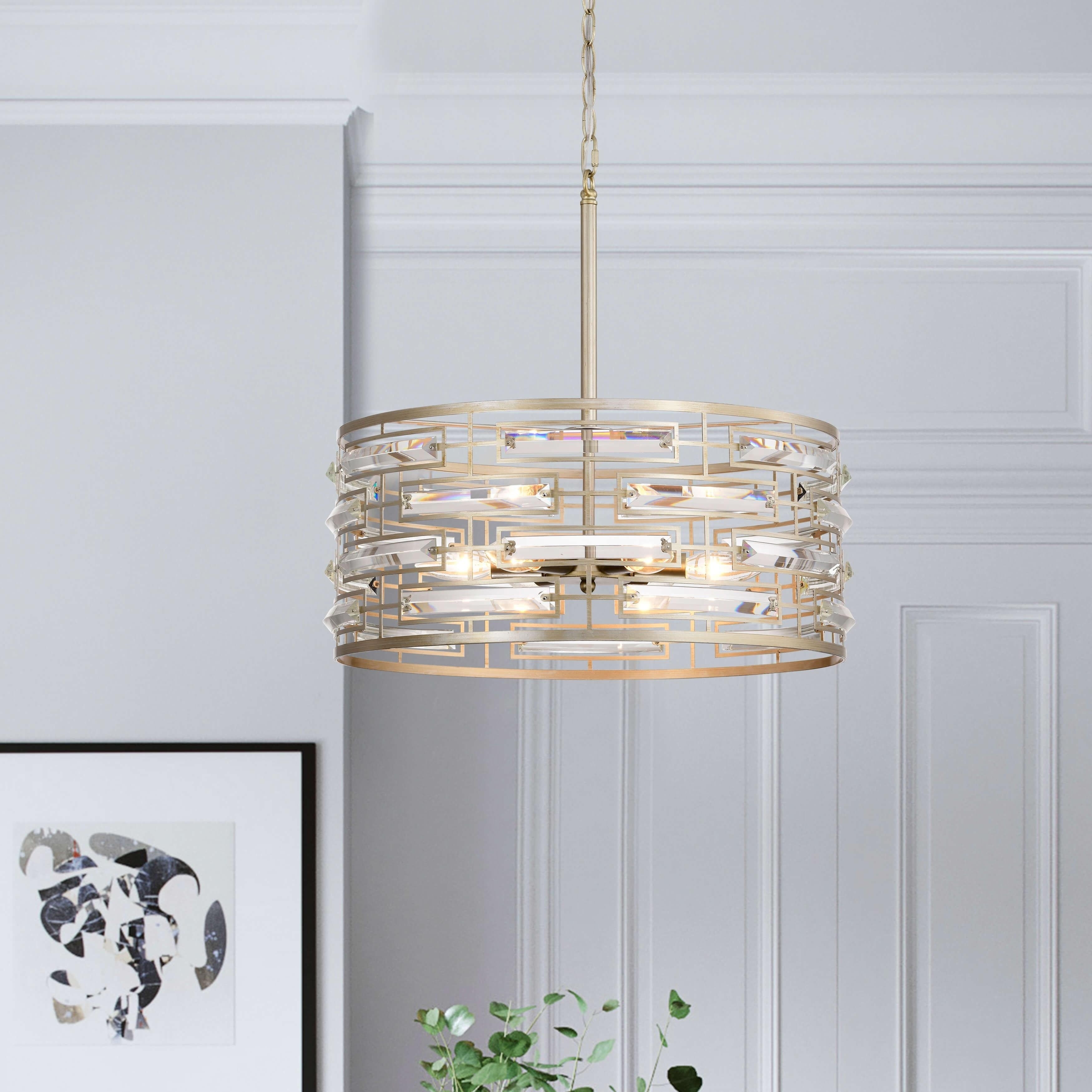 Lustre à abat-jour tambour Anita avec prisme en verre transparent