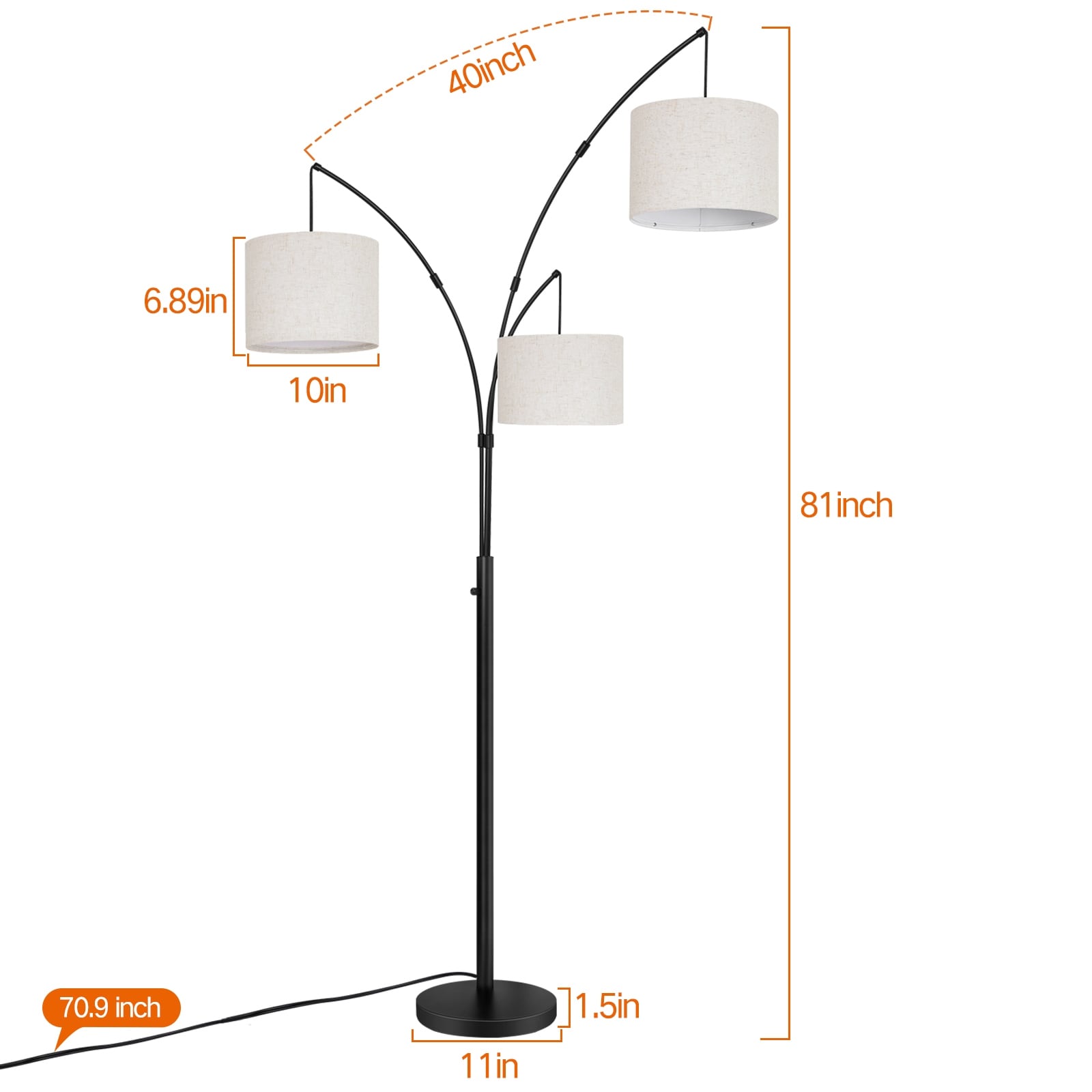 Lampadaire LED Arc à intensité variable, moderne, noir, 3 lampes, haut et arqué