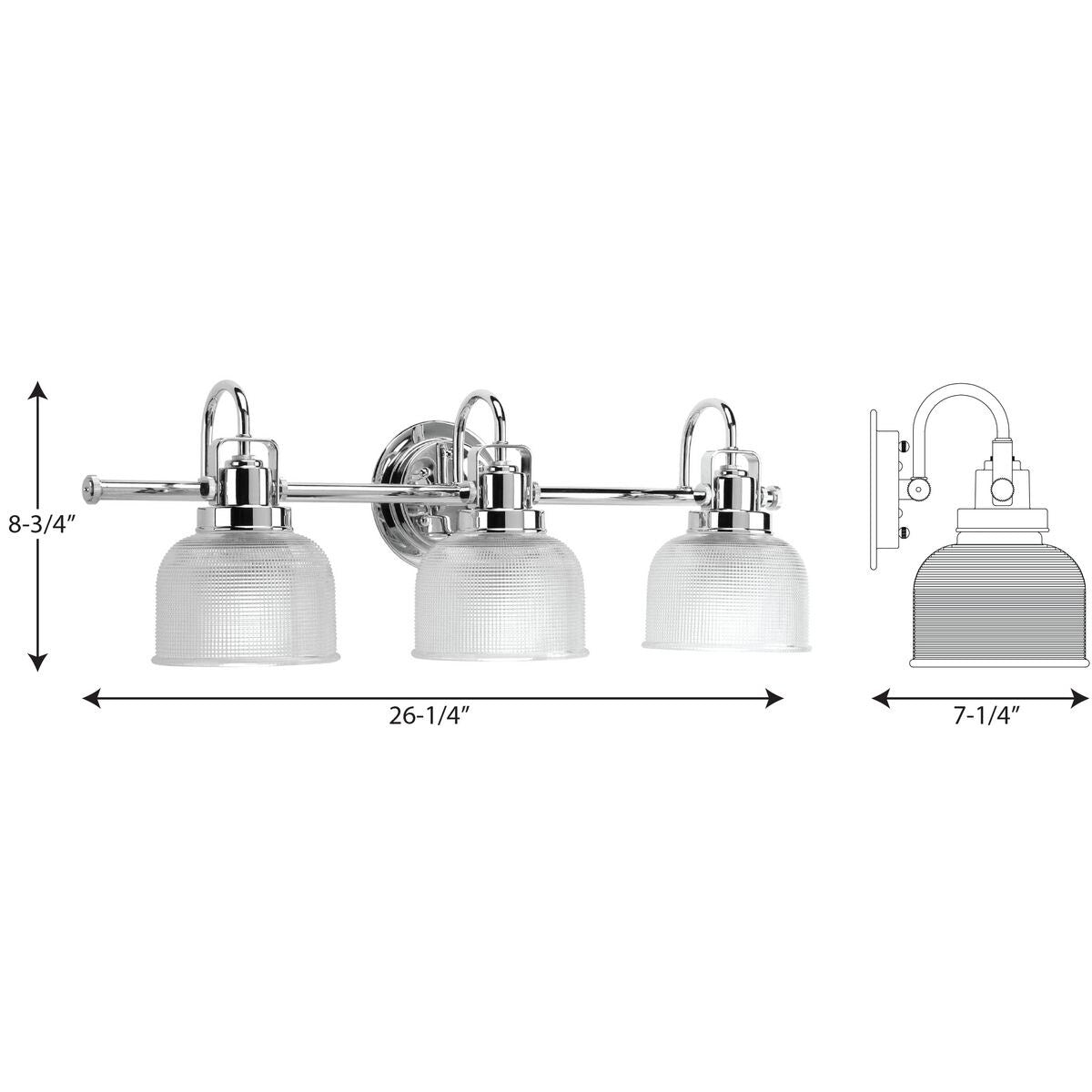 Luminaire de salle de bain côtier à trois lumières, collection Archie, en chrome poli, verre prismatique double transparent - 8,75 x 26,25 x 7,25