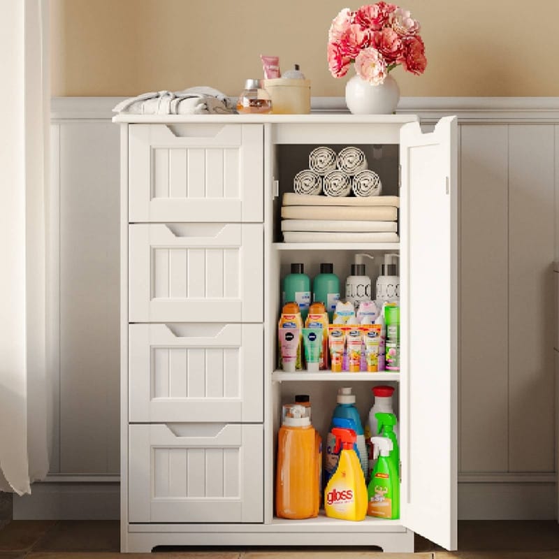 Meuble de rangement de salle de bain, meuble de rangement sur pied indépendant avec 4 tiroirs et étagère réglable