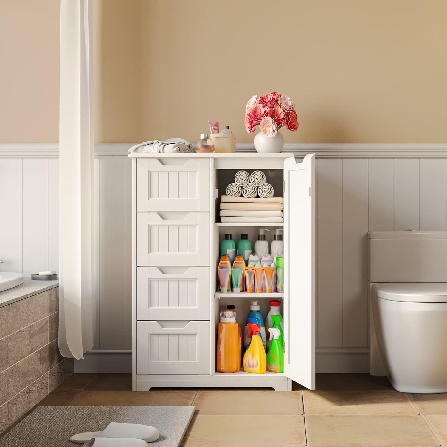 Meuble de rangement de salle de bain, meuble de rangement sur pied indépendant avec 4 tiroirs et étagère réglable