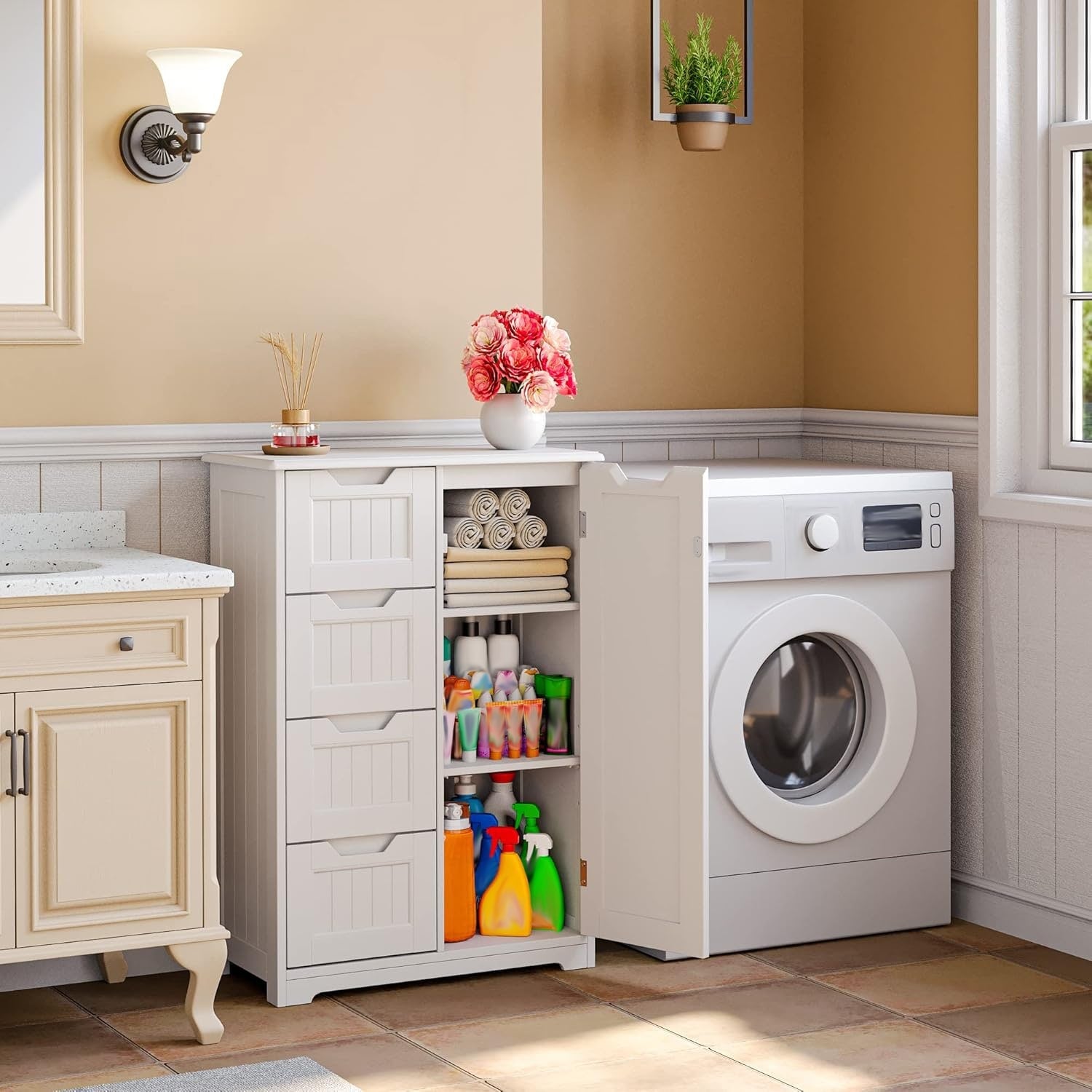 Meuble de rangement de salle de bain, meuble de rangement sur pied indépendant avec 4 tiroirs et étagère réglable