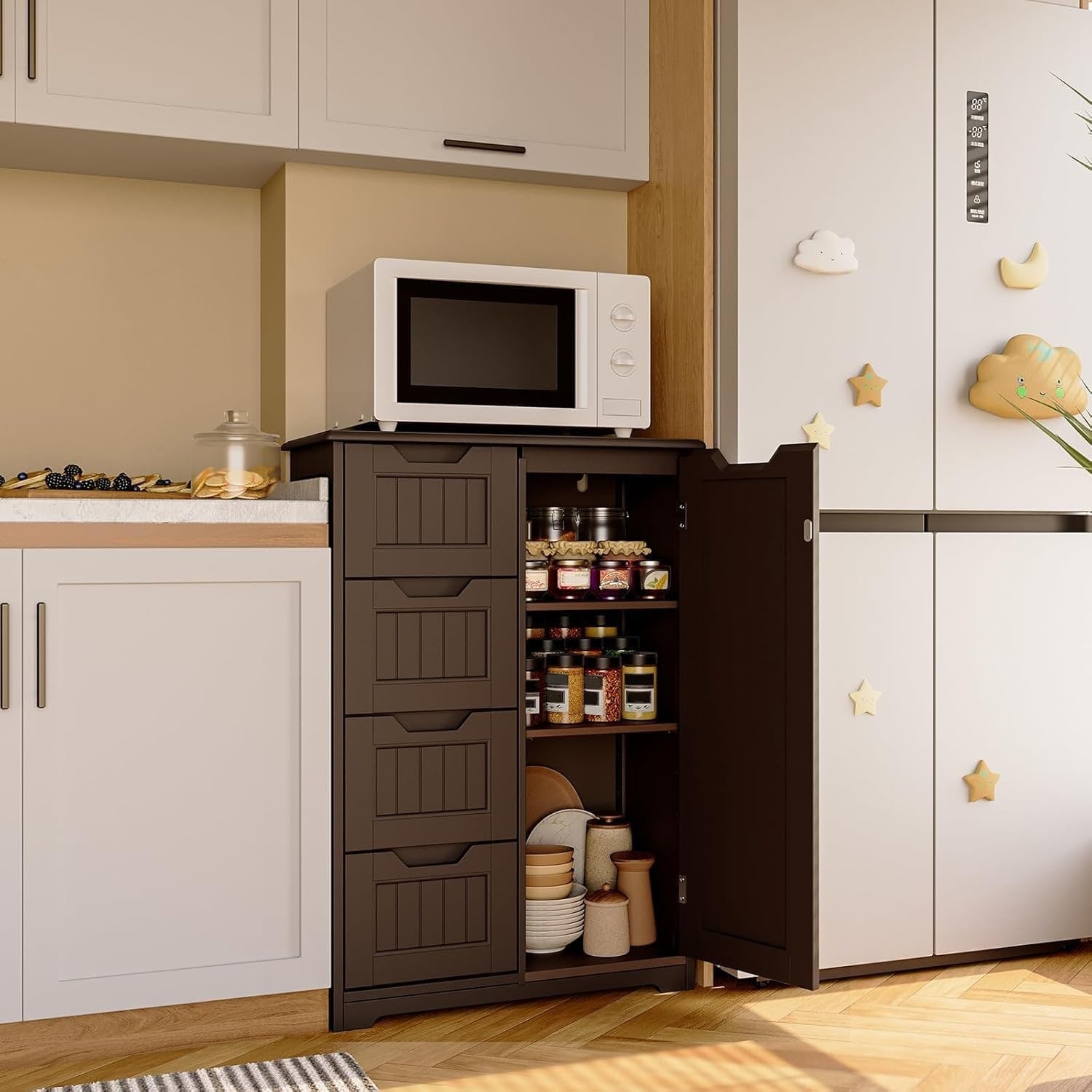 Meuble de rangement de salle de bain, meuble de rangement sur pied indépendant avec 4 tiroirs et étagère réglable