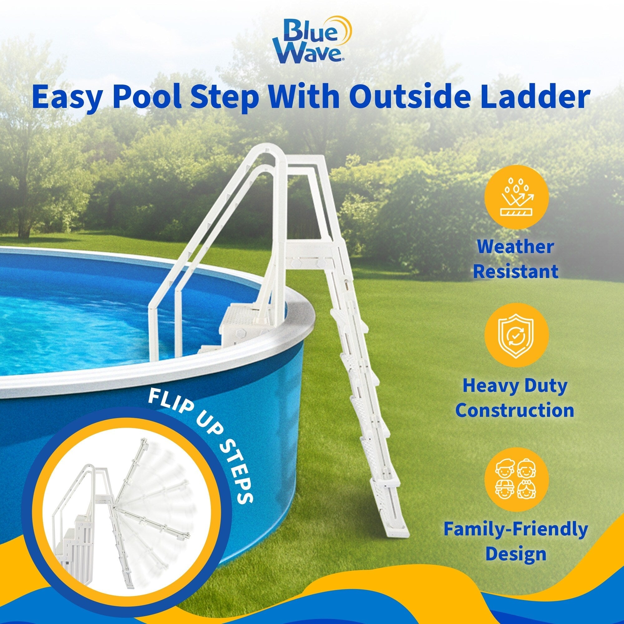 Escabeau de piscine Blue Wave Easy avec échelle extérieure pour piscines hors sol – 82,5 cm (l) x 142 cm (P) x 206 cm (H)