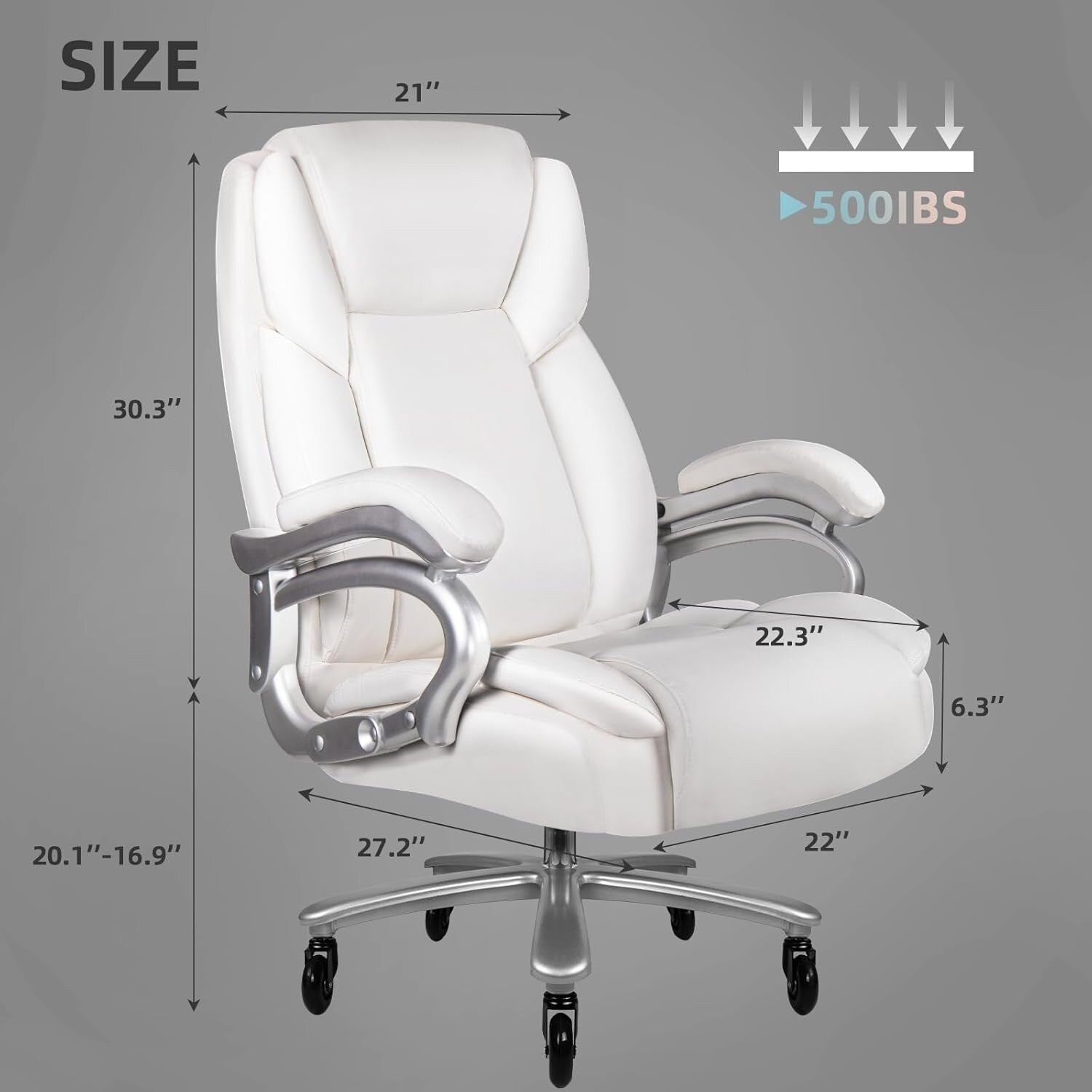 Chaise de bureau exécutive Bossin Big and Tall, chaise ergonomique à support lombaire réglable de 500 lb avec dossier haut en cuir PU pour ordinateur