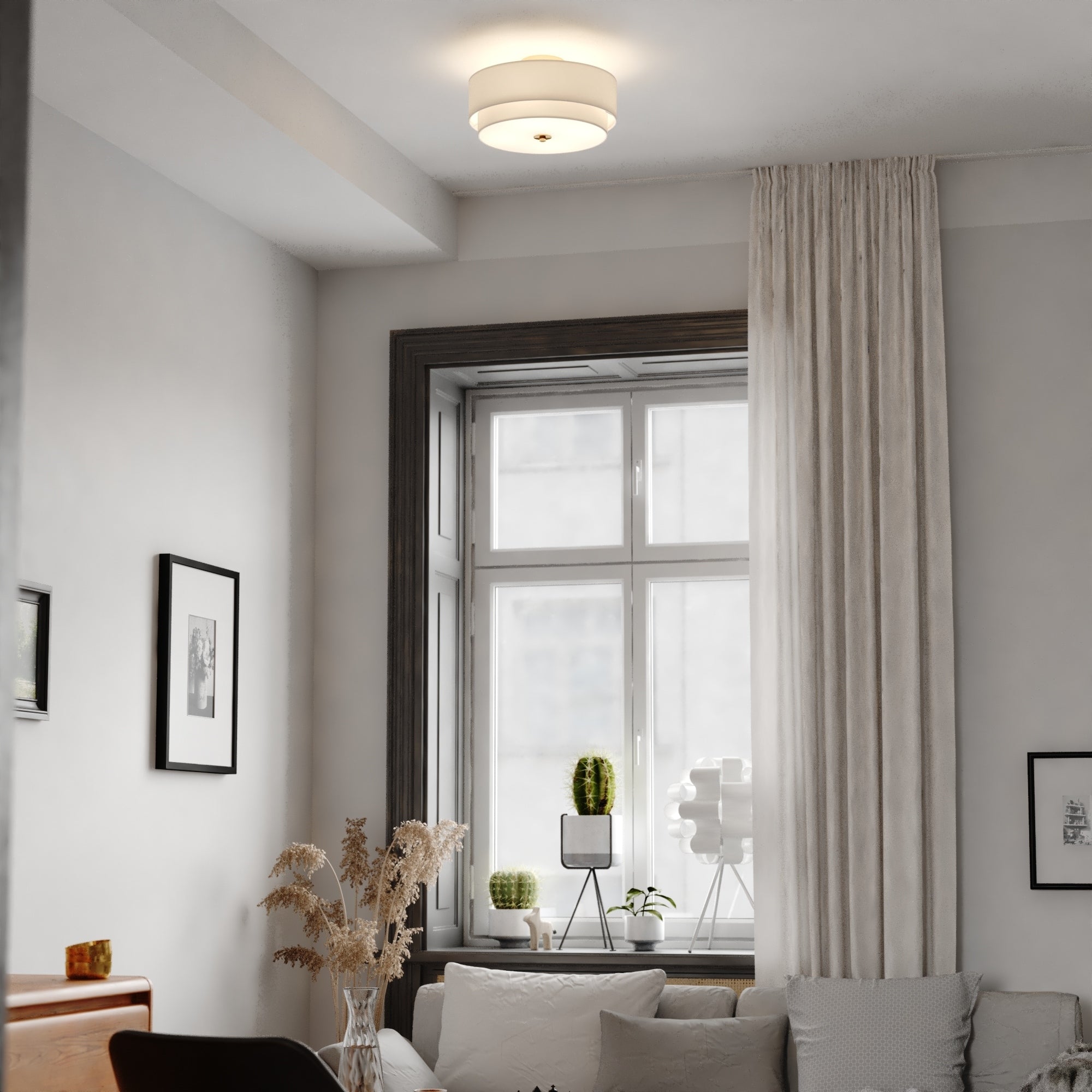 Plafonnier moderne du milieu du siècle de Burnaby avec abat-jour tambour en lin blanc