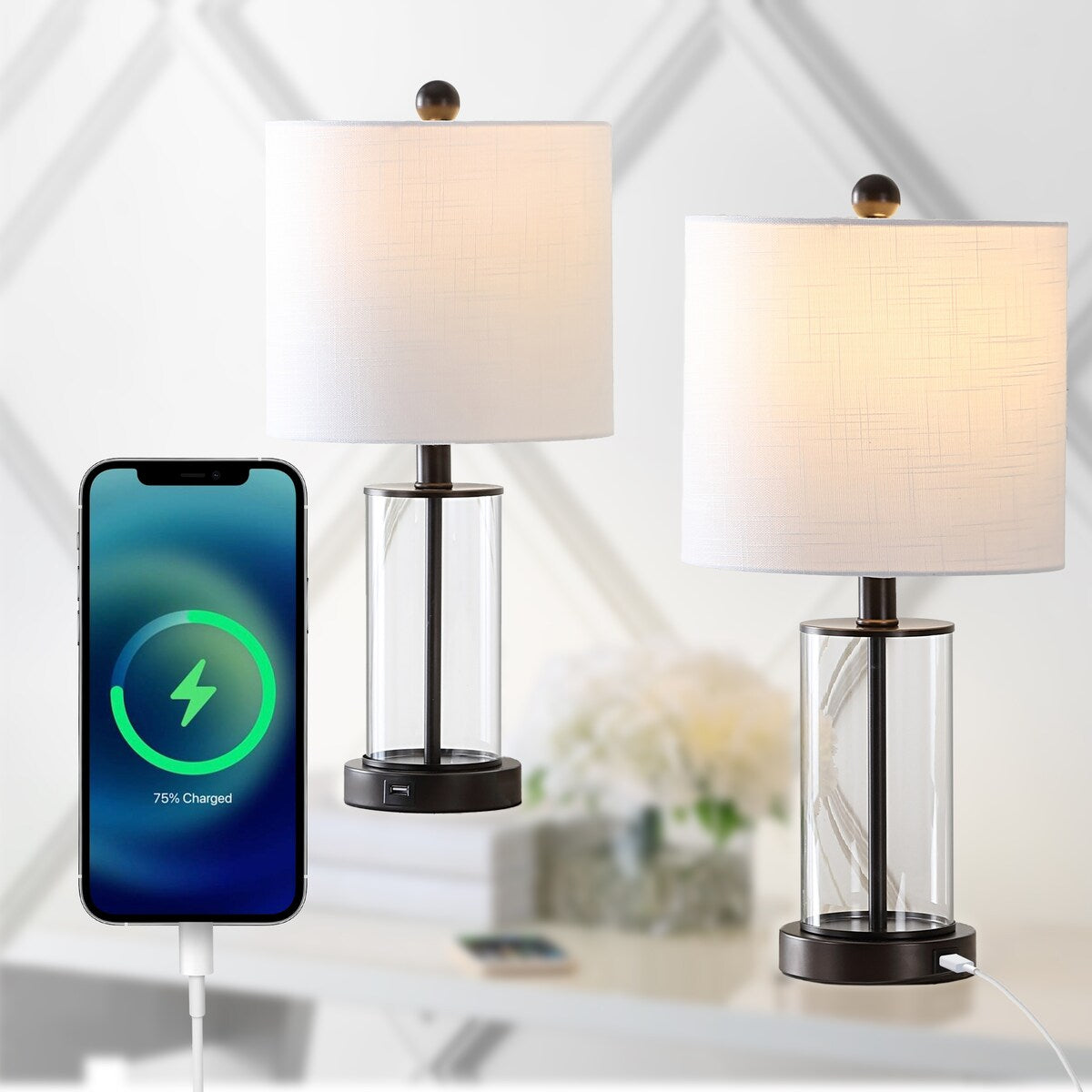 Lampe de table à LED Cabell 21 en verre, contemporaine et moderne, avec chargeur USB, bronze huilé (lot de 2) par JONATHAN Y