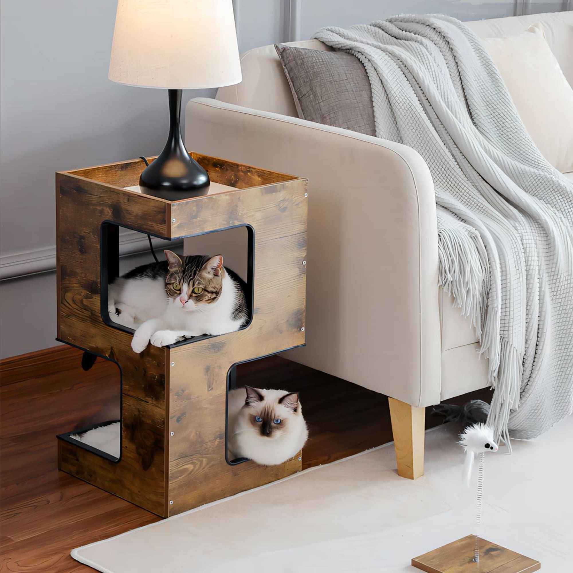 Niche pour chat, lit pour chat, arbre à chat avec griffoir et tapis amovibles