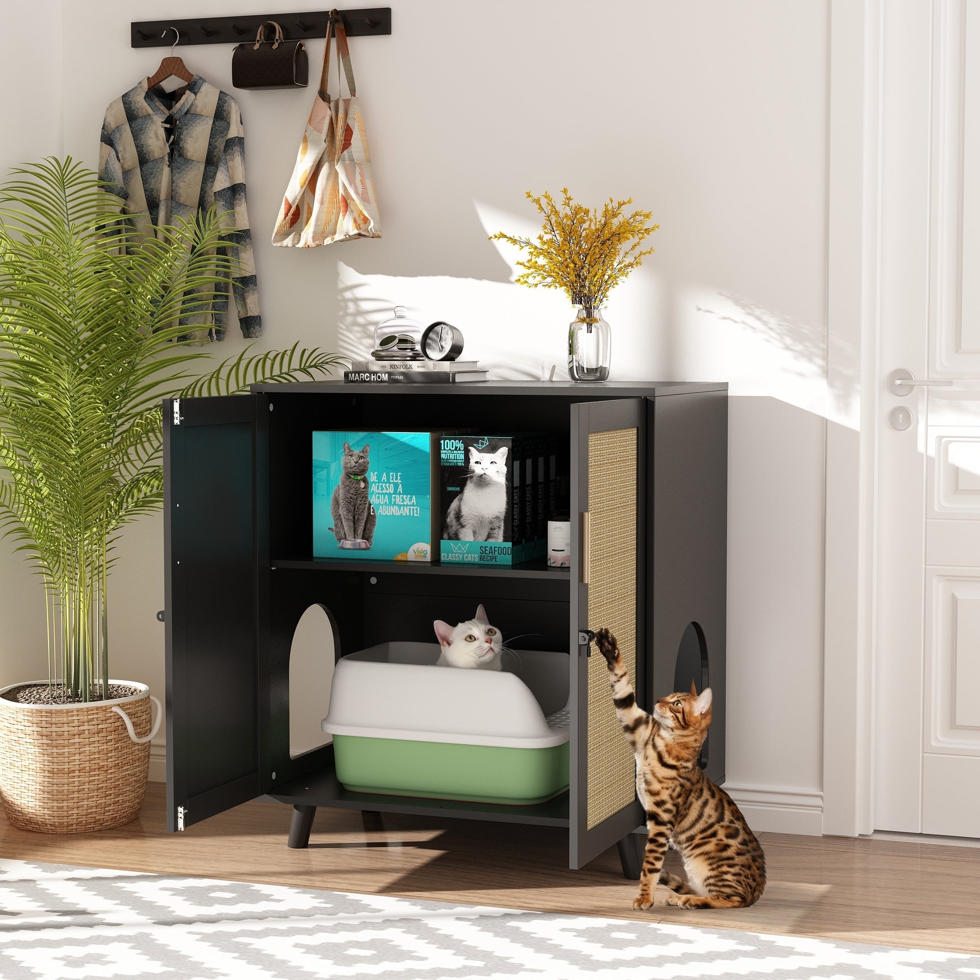 Bac à litière pour chat, maison pour chat, table d'appoint, porte, armoire, bibliothèque