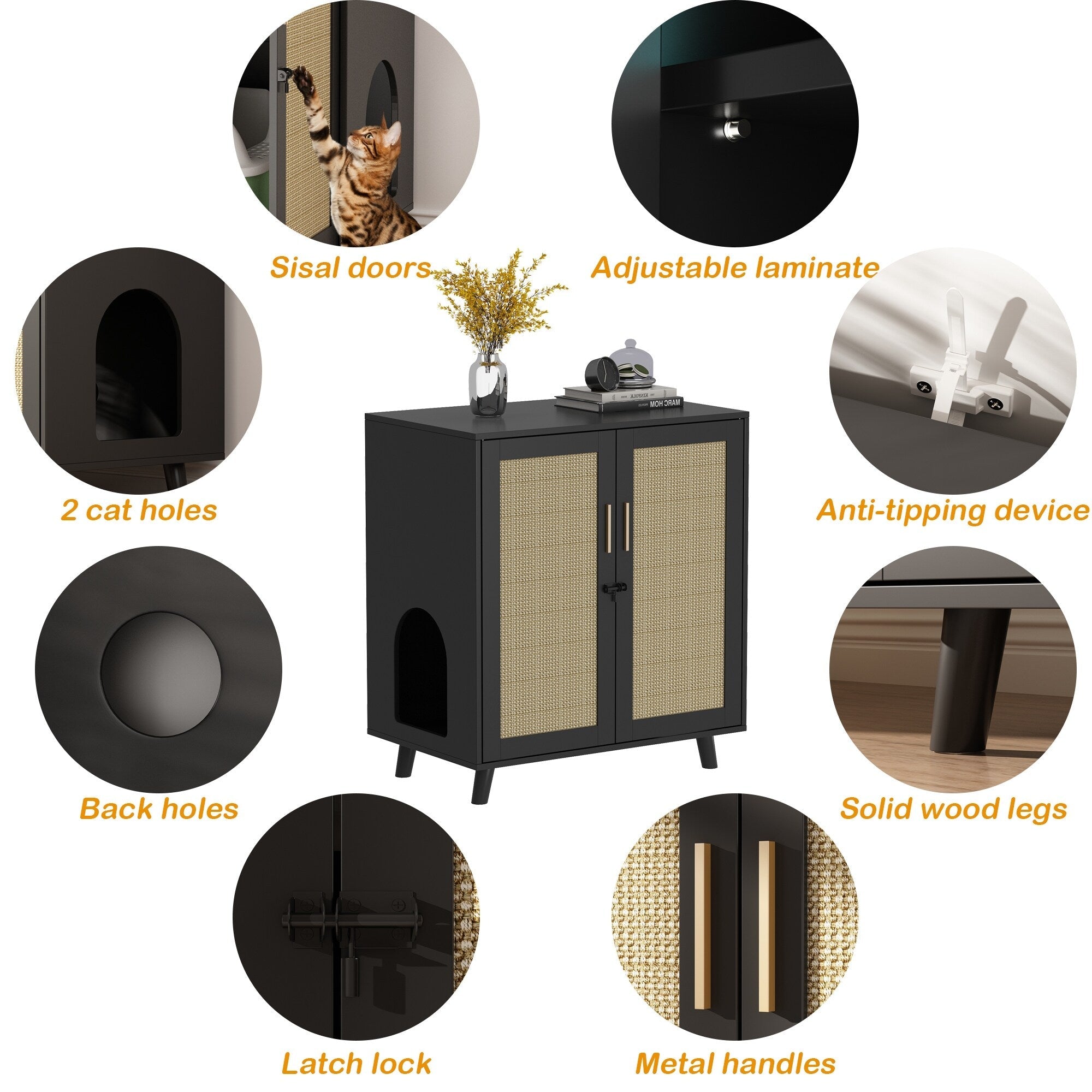 Bac à litière pour chat, maison pour chat, table d'appoint, porte, armoire, bibliothèque