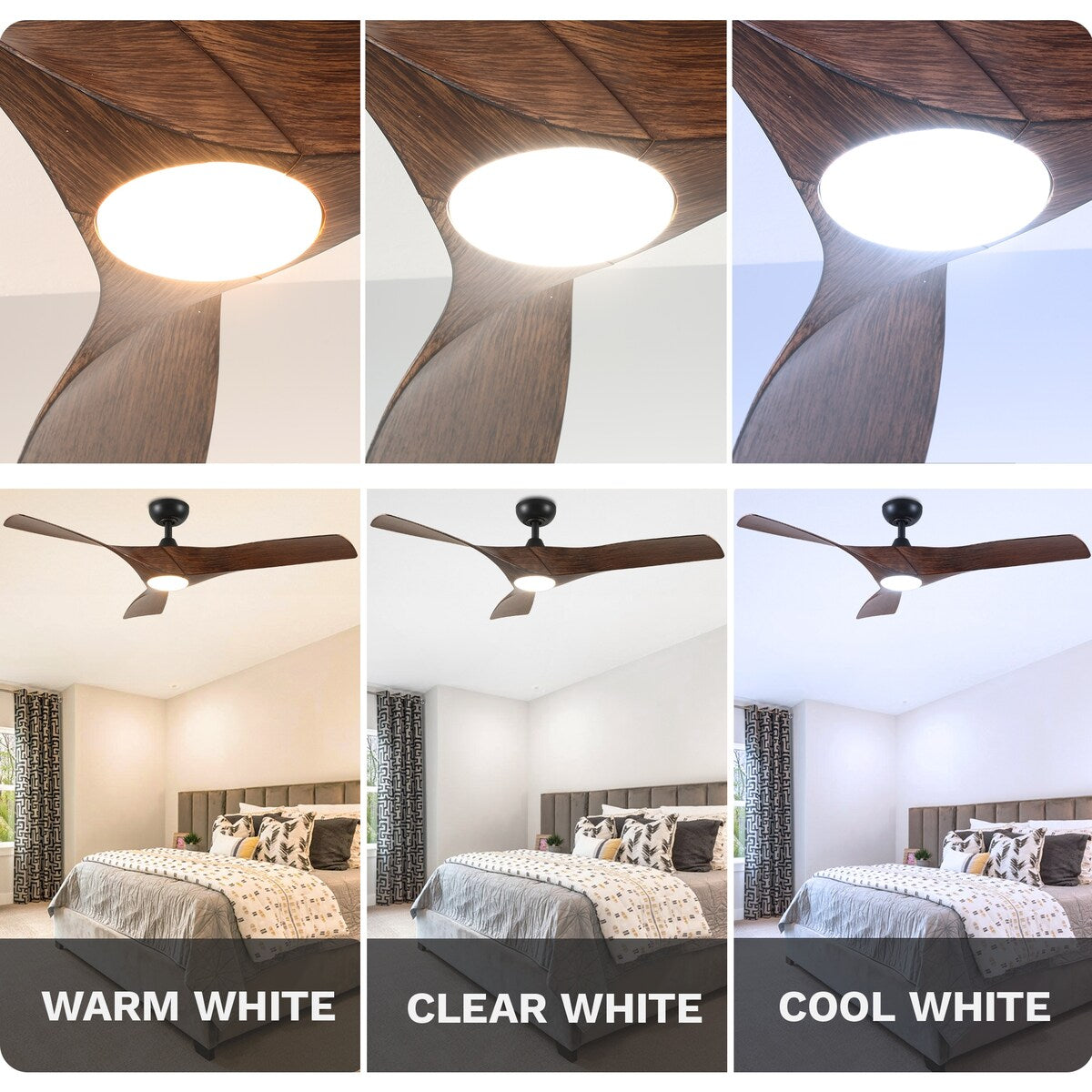 Ventilateur de plafond avec télécommande, éclairage LED tricolore à intensité variable, 52 pouces