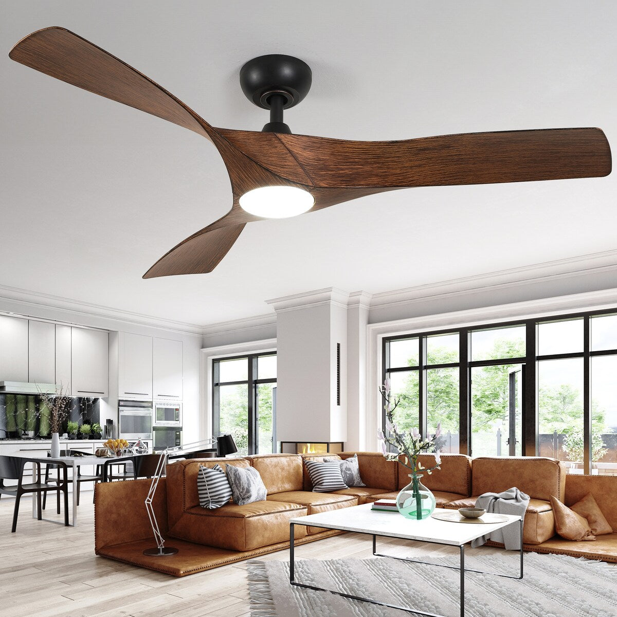 Ventilateur de plafond avec télécommande, éclairage LED tricolore à intensité variable, 52 pouces