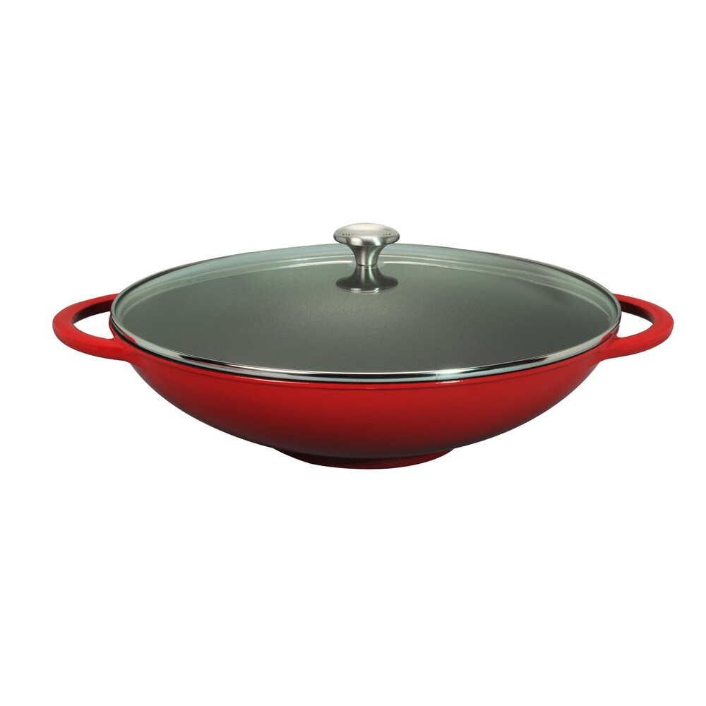 Wok Chasseur en fonte émaillée rouge française de 16 pouces avec couvercle en verre