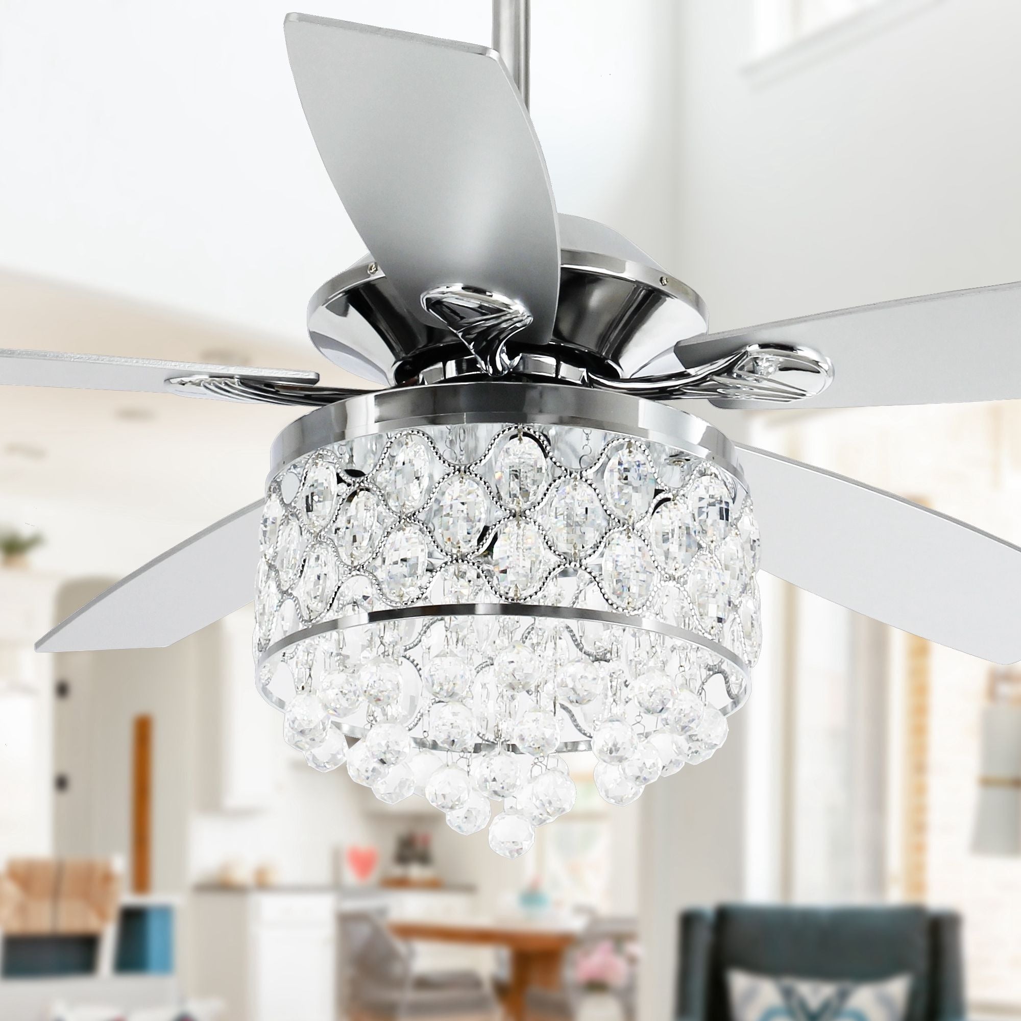 Lustre/ventilateur de plafond à 4 lumières en chrome/cristal avec télécommande