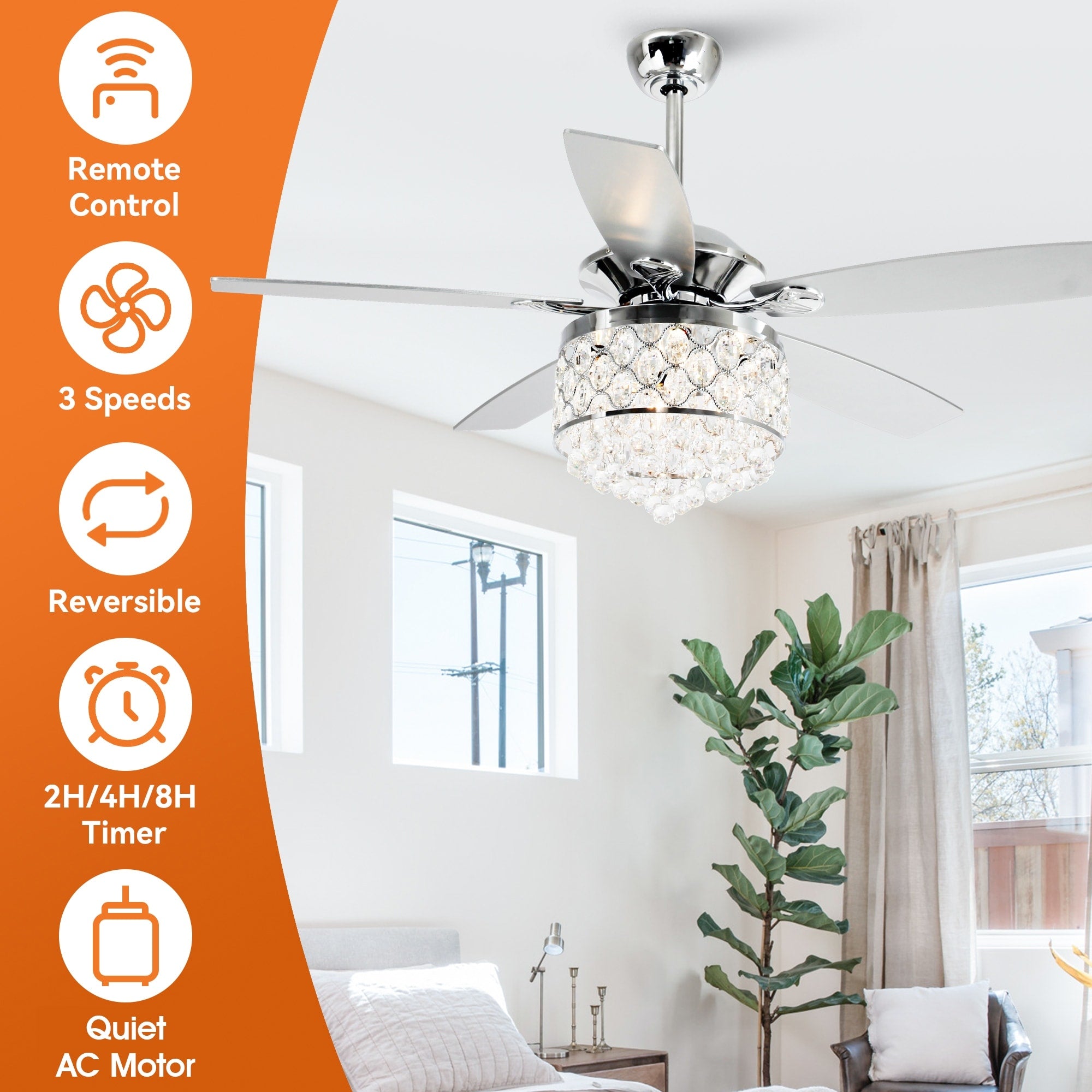 Lustre/ventilateur de plafond à 4 lumières en chrome/cristal avec télécommande