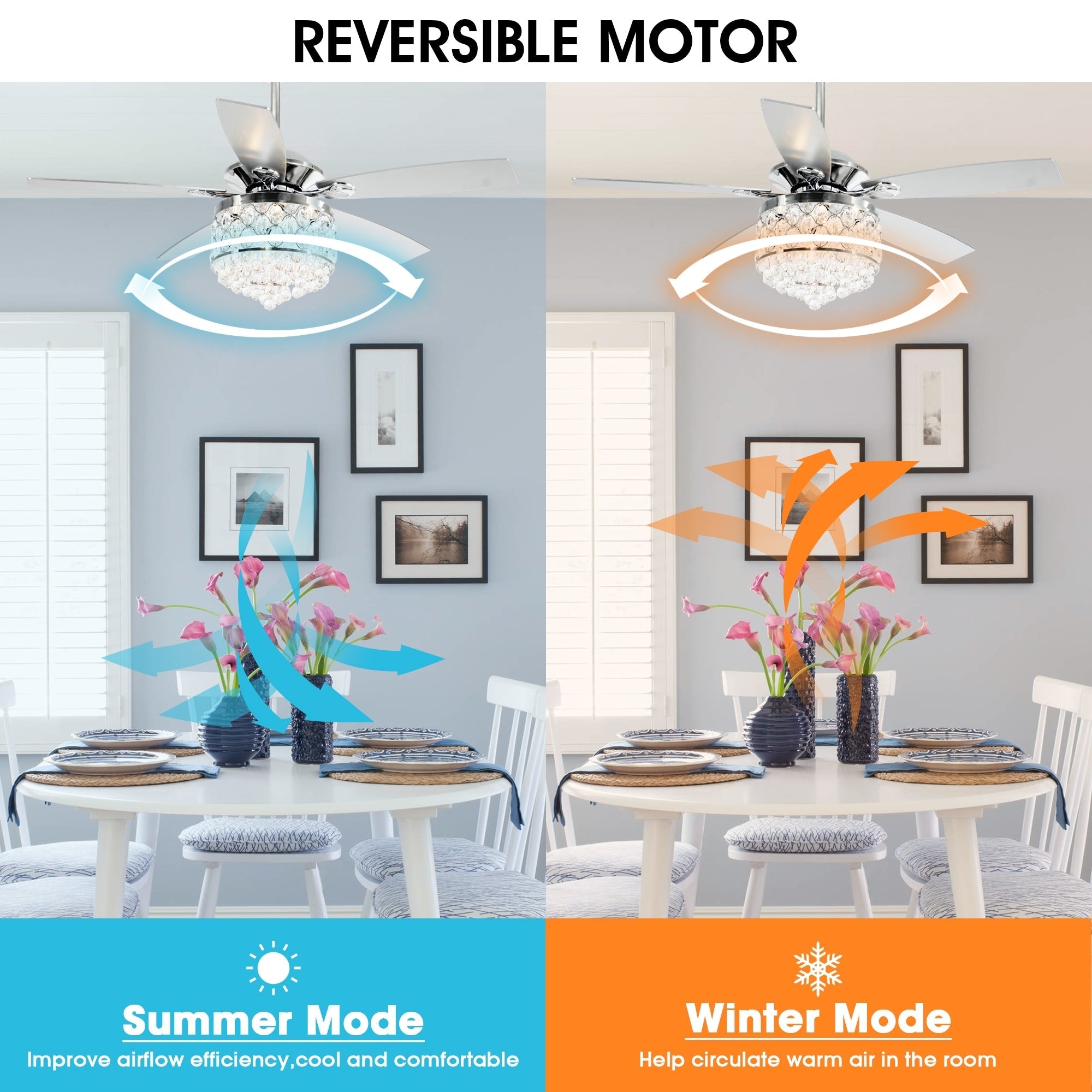 Lustre/ventilateur de plafond à 4 lumières en chrome/cristal avec télécommande