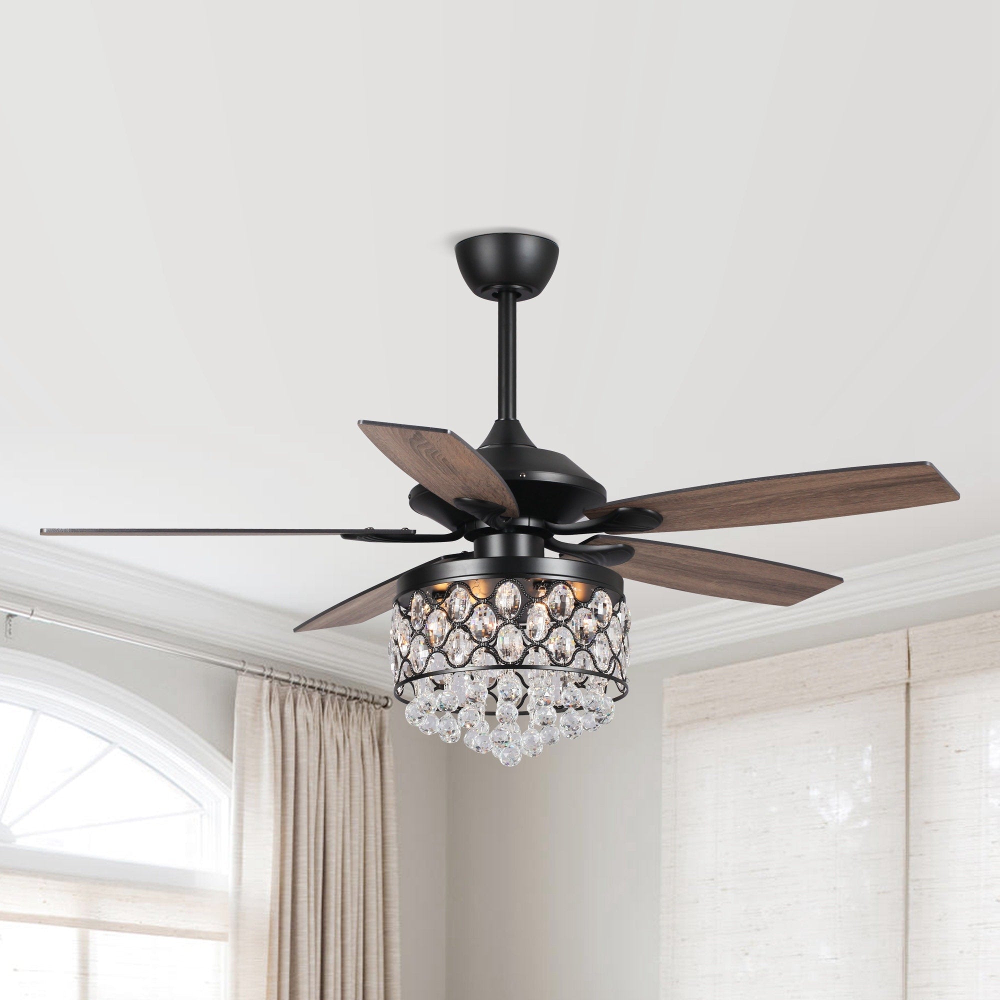 Lustre/ventilateur de plafond à 4 lumières en chrome/cristal avec télécommande