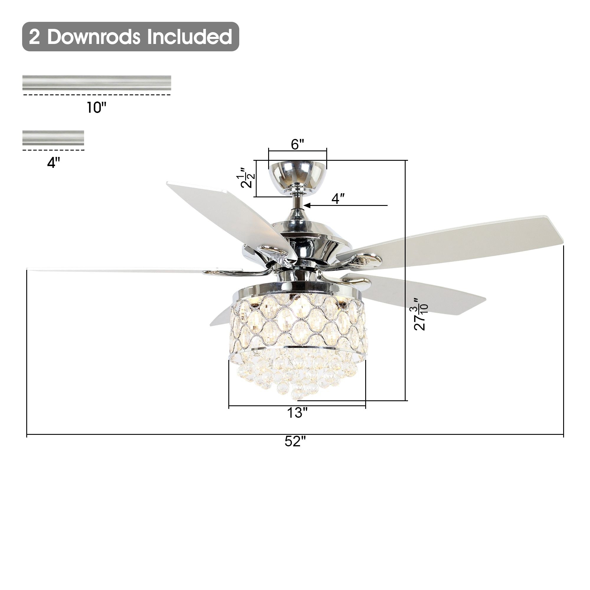 Lustre/ventilateur de plafond à 4 lumières en chrome/cristal avec télécommande