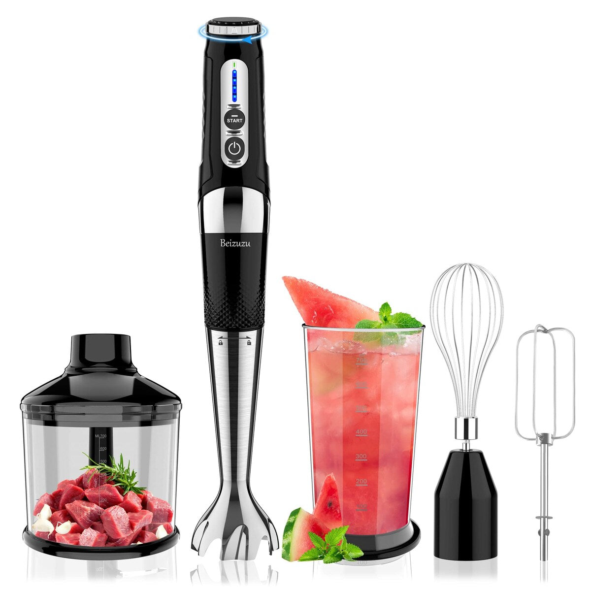 Mixeur plongeant sans fil : mixeur plongeant rechargeable USB 4 en 1, 21 vitesses variables et 3 angles réglables avec hachoir de 700 ml